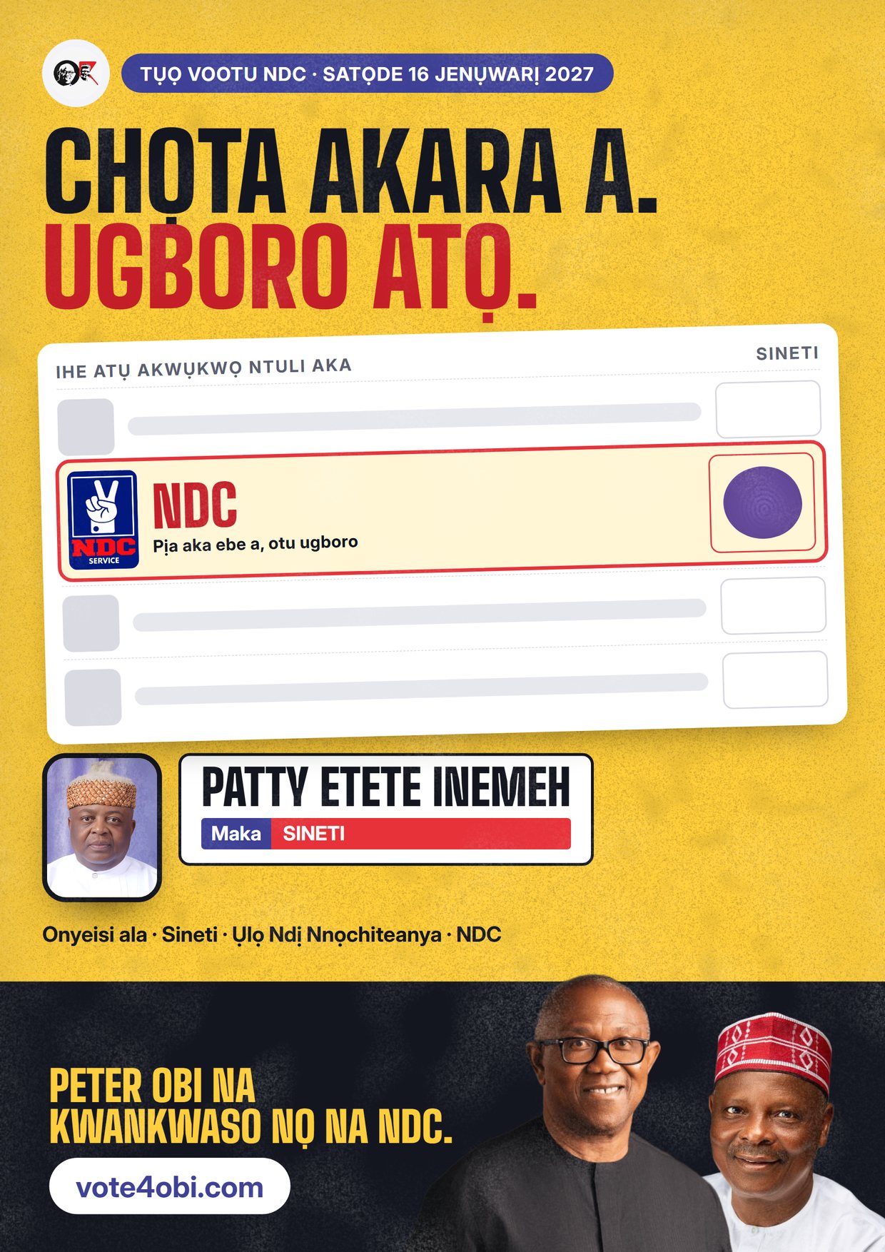 Mpempe akwụkwọ mgbasa ozi: Patty Etete Inemeh, onye NDC na-azọ maka Sineti, Akwa Ibom North West