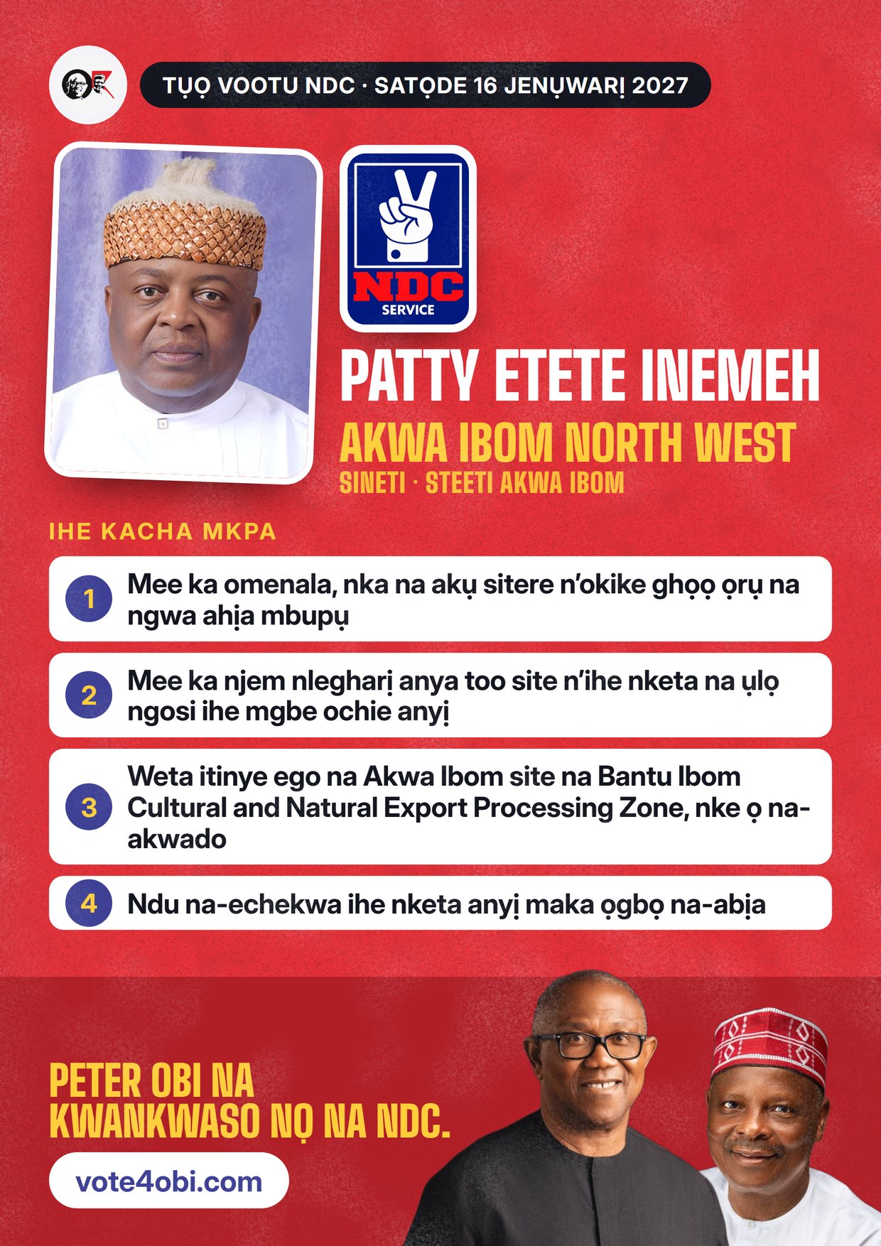 Mpempe akwụkwọ mgbasa ozi: Patty Etete Inemeh, onye NDC na-azọ maka Sineti, Akwa Ibom North West
