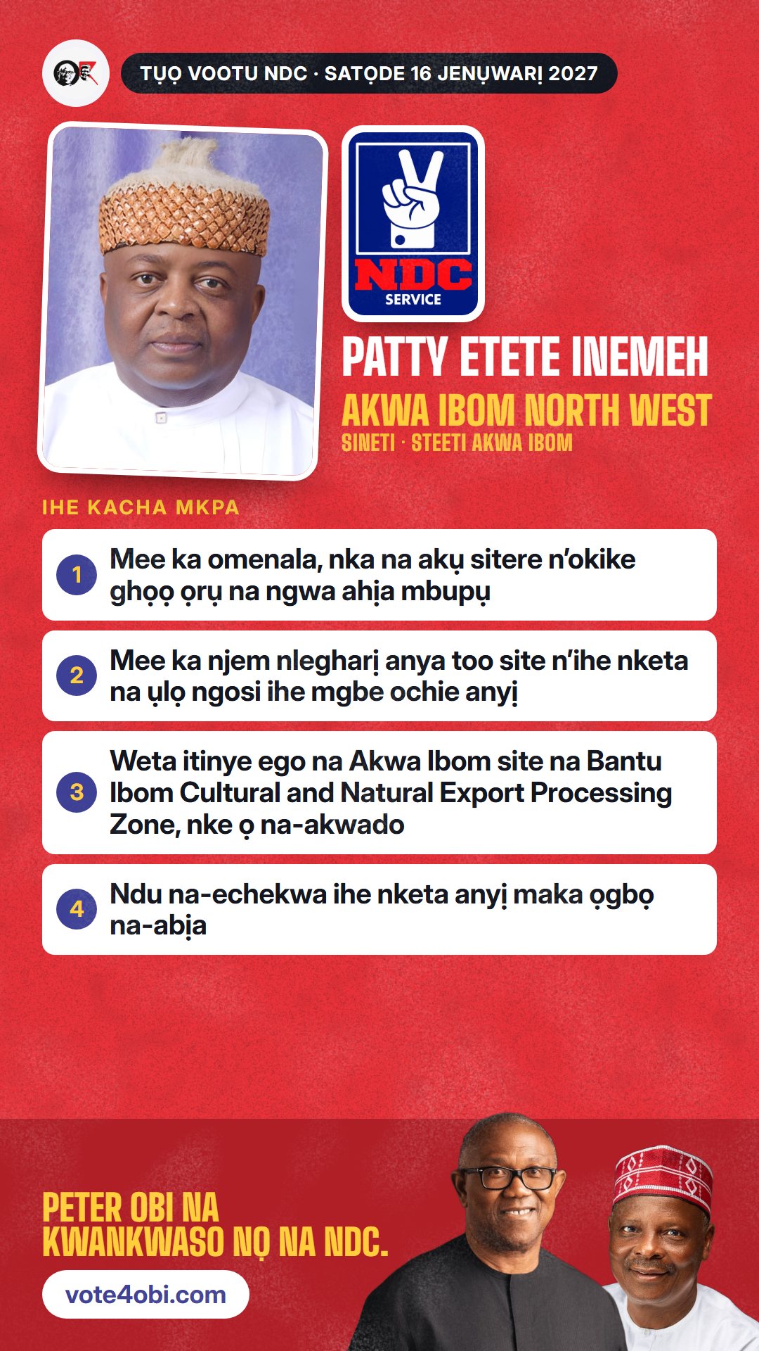 Foto WhatsApp status: Patty Etete Inemeh, onye NDC na-azọ maka Sineti, Akwa Ibom North West