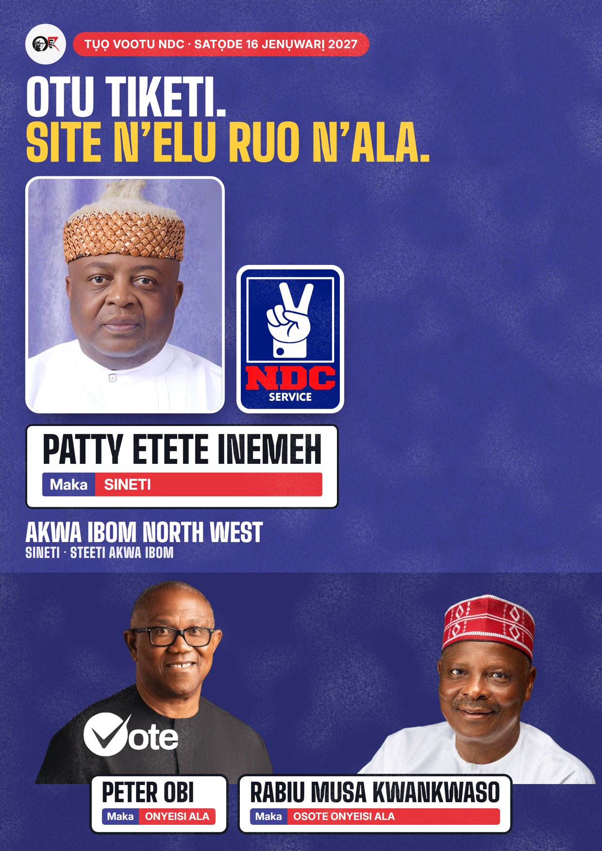 Mpempe akwụkwọ mgbasa ozi: Patty Etete Inemeh, onye NDC na-azọ maka Sineti, Akwa Ibom North West