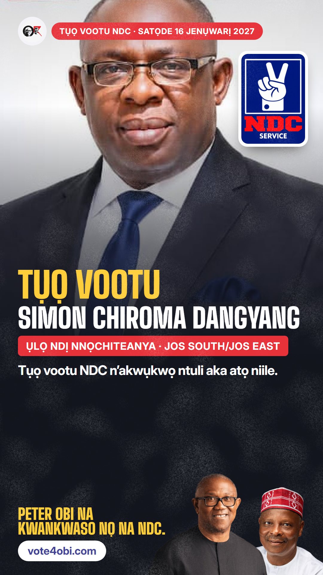 Foto WhatsApp status: Simon Chiroma Dangyang, onye NDC na-azọ maka Ụlọ Ndị Nnọchiteanya, Jos South/Jos East