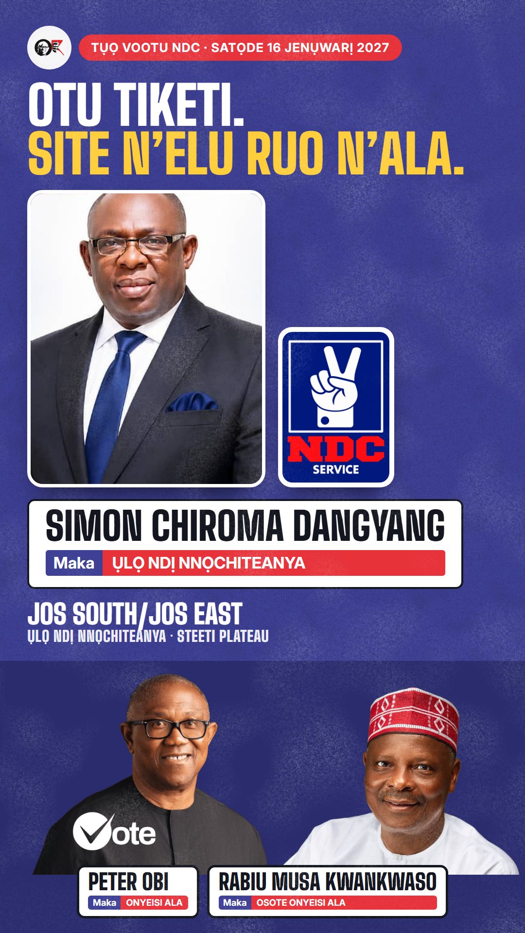 Foto WhatsApp status: Simon Chiroma Dangyang, onye NDC na-azọ maka Ụlọ Ndị Nnọchiteanya, Jos South/Jos East