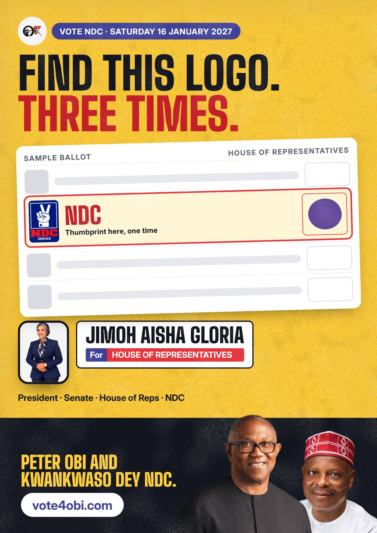 Poster: Jimoh Aisha Gloria, NDC candidate for House of Representatives, Lagos Island II