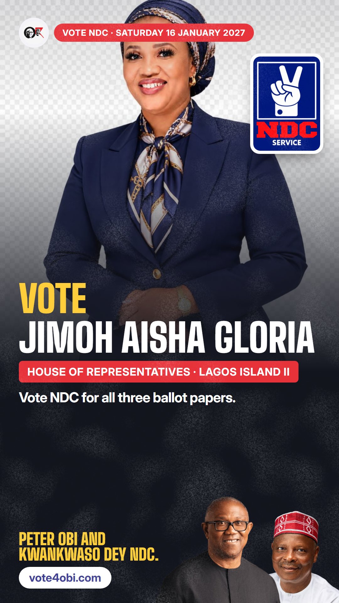 WhatsApp status picture: Jimoh Aisha Gloria, NDC candidate for House of Representatives, Lagos Island II