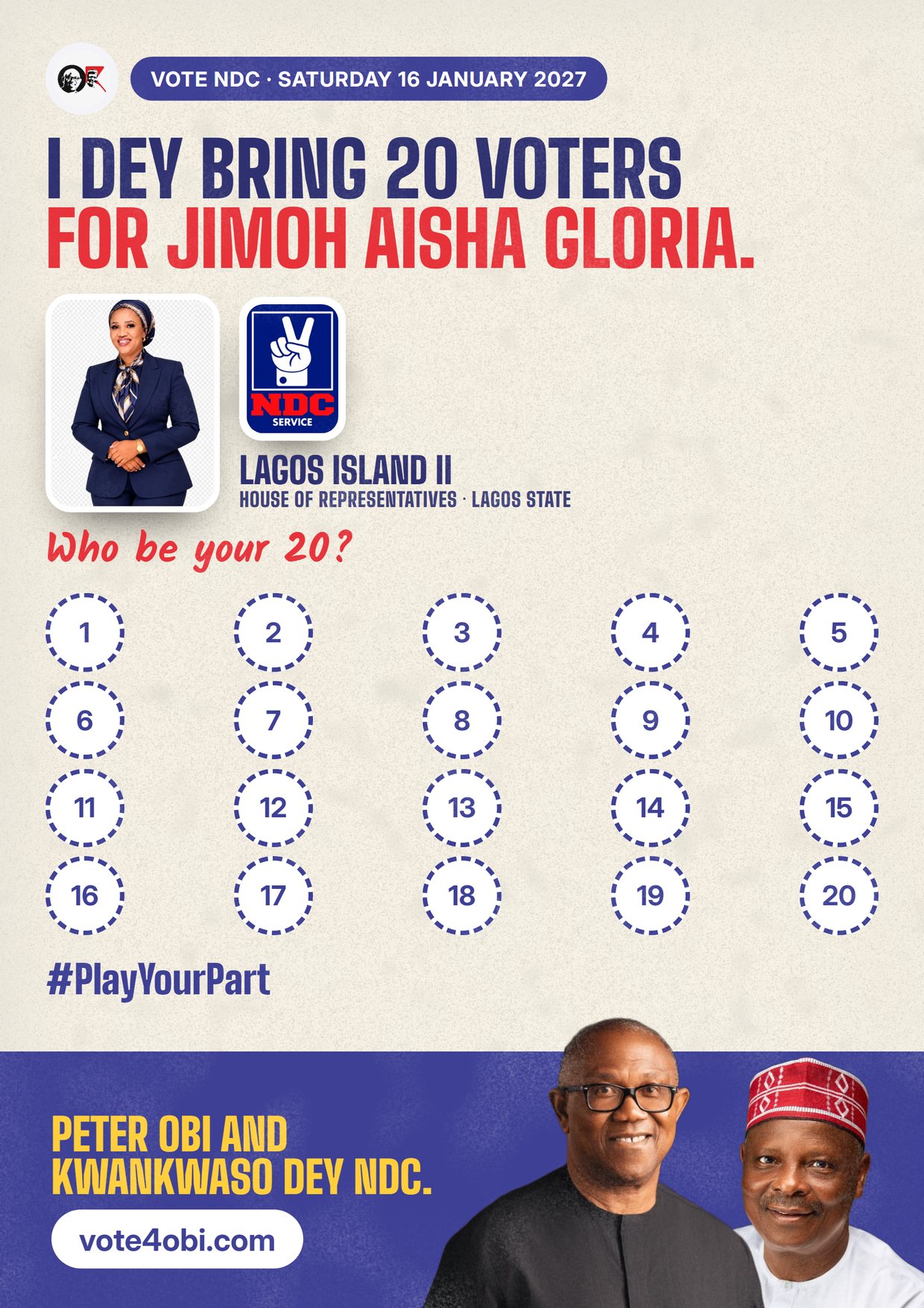 Poster: Jimoh Aisha Gloria, NDC candidate for House of Representatives, Lagos Island II