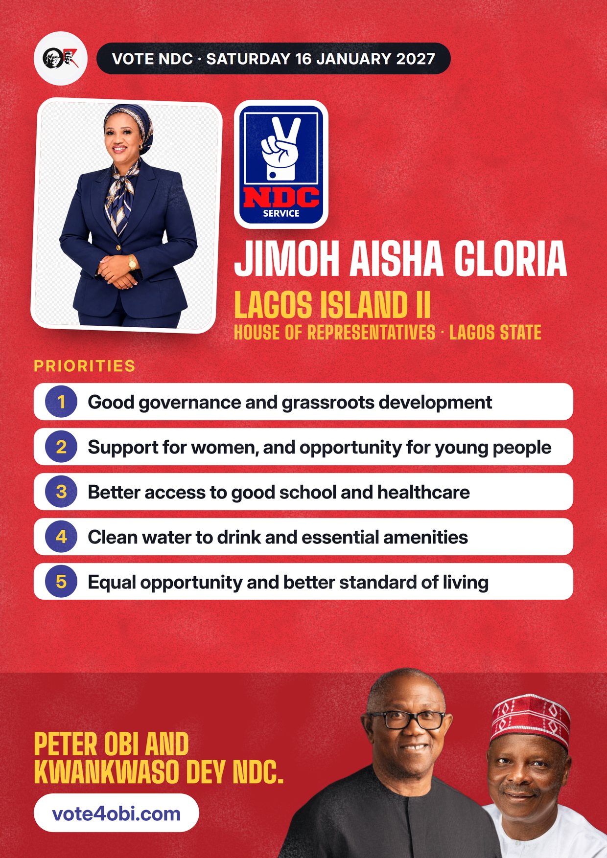 Poster: Jimoh Aisha Gloria, NDC candidate for House of Representatives, Lagos Island II