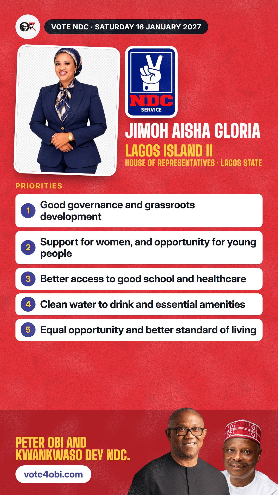 WhatsApp status picture: Jimoh Aisha Gloria, NDC candidate for House of Representatives, Lagos Island II