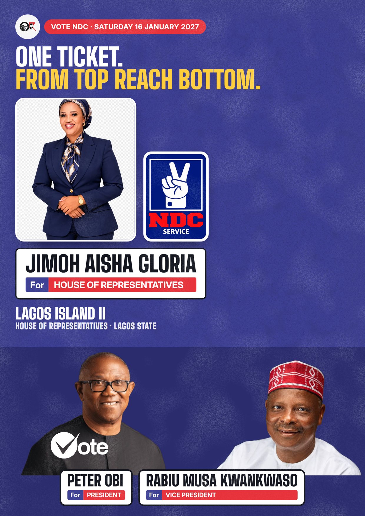 Poster: Jimoh Aisha Gloria, NDC candidate for House of Representatives, Lagos Island II