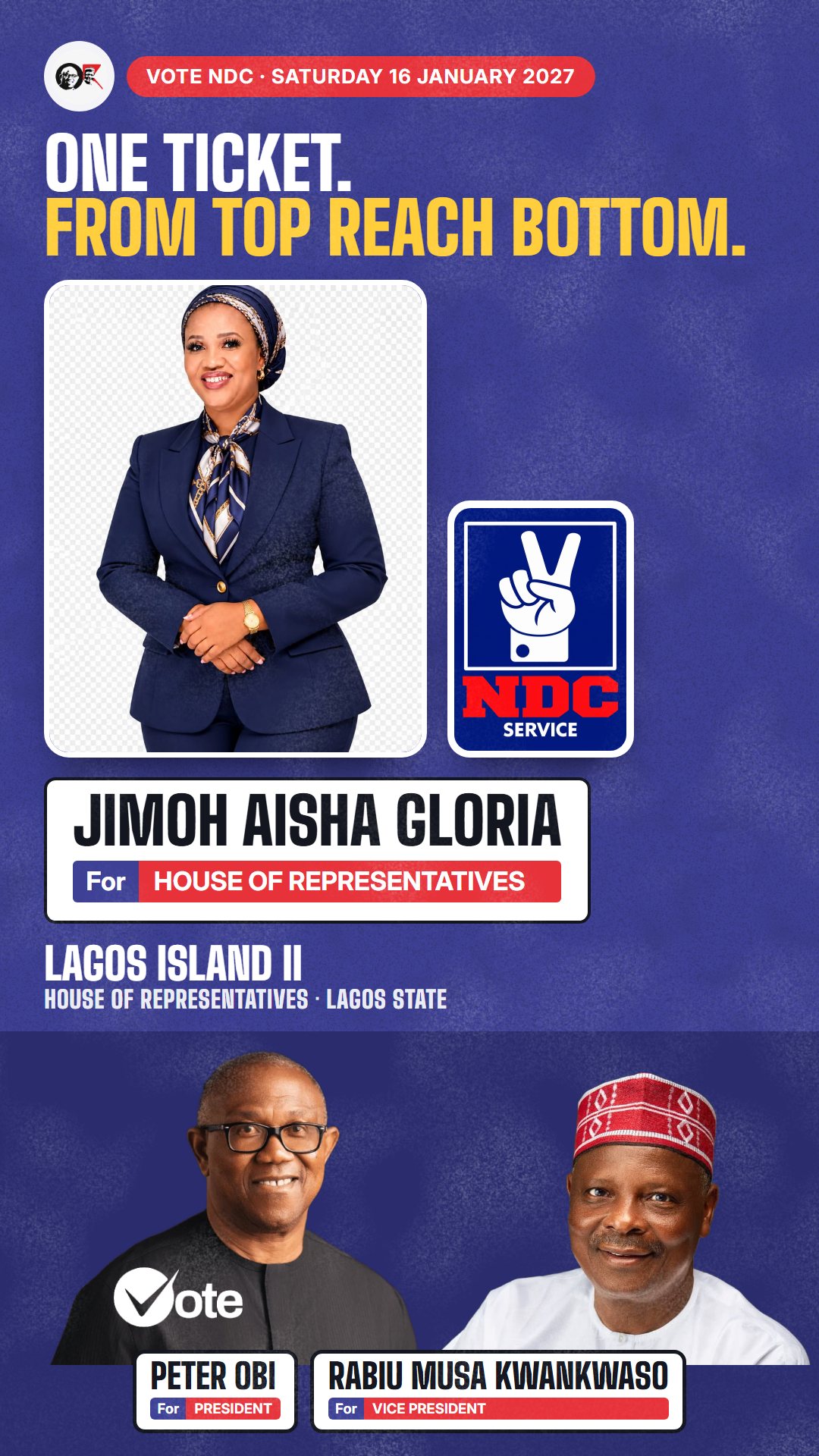 WhatsApp status picture: Jimoh Aisha Gloria, NDC candidate for House of Representatives, Lagos Island II