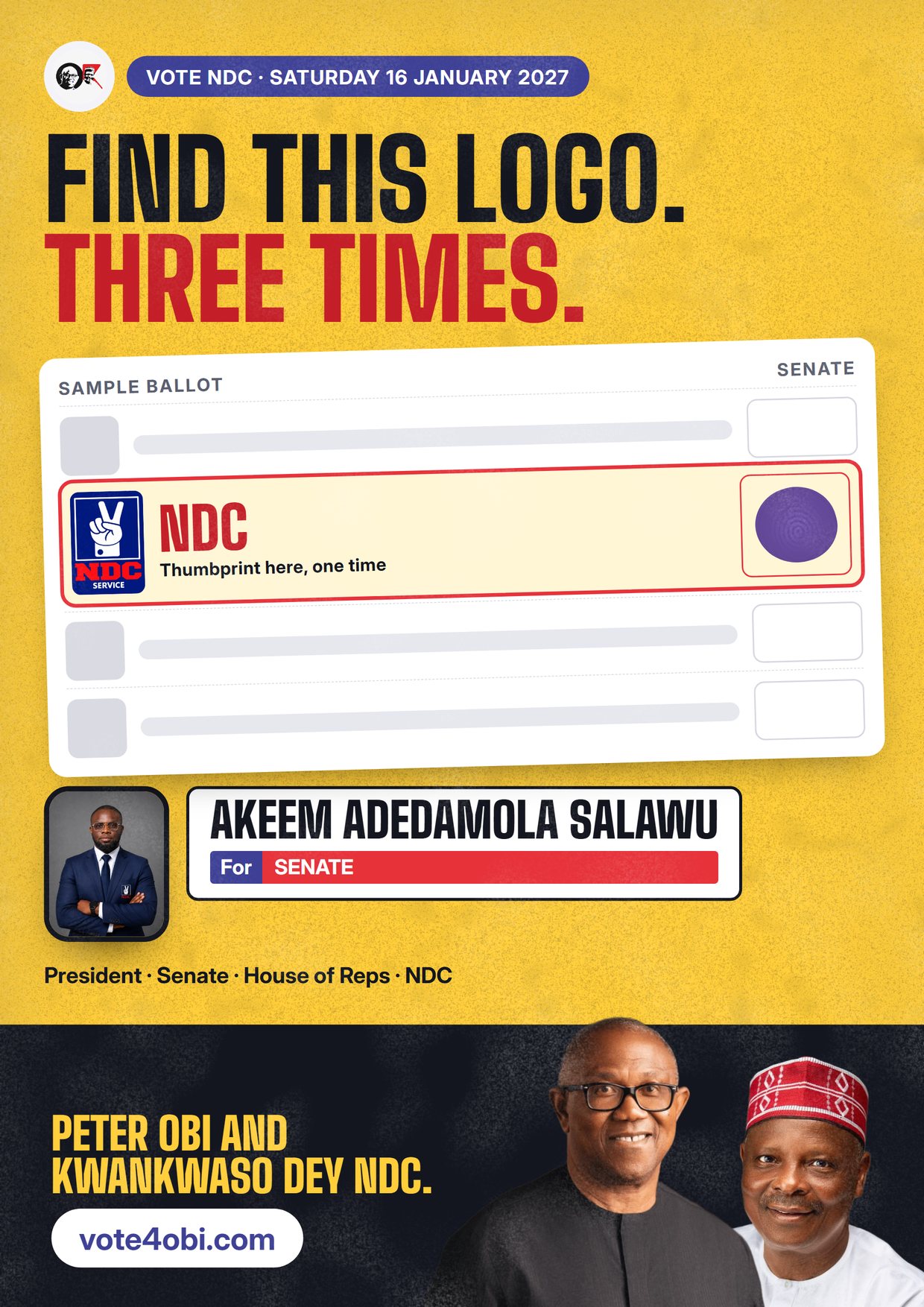 Poster: Akeem Adedamola Salawu, NDC candidate for Senate, Oyo Central