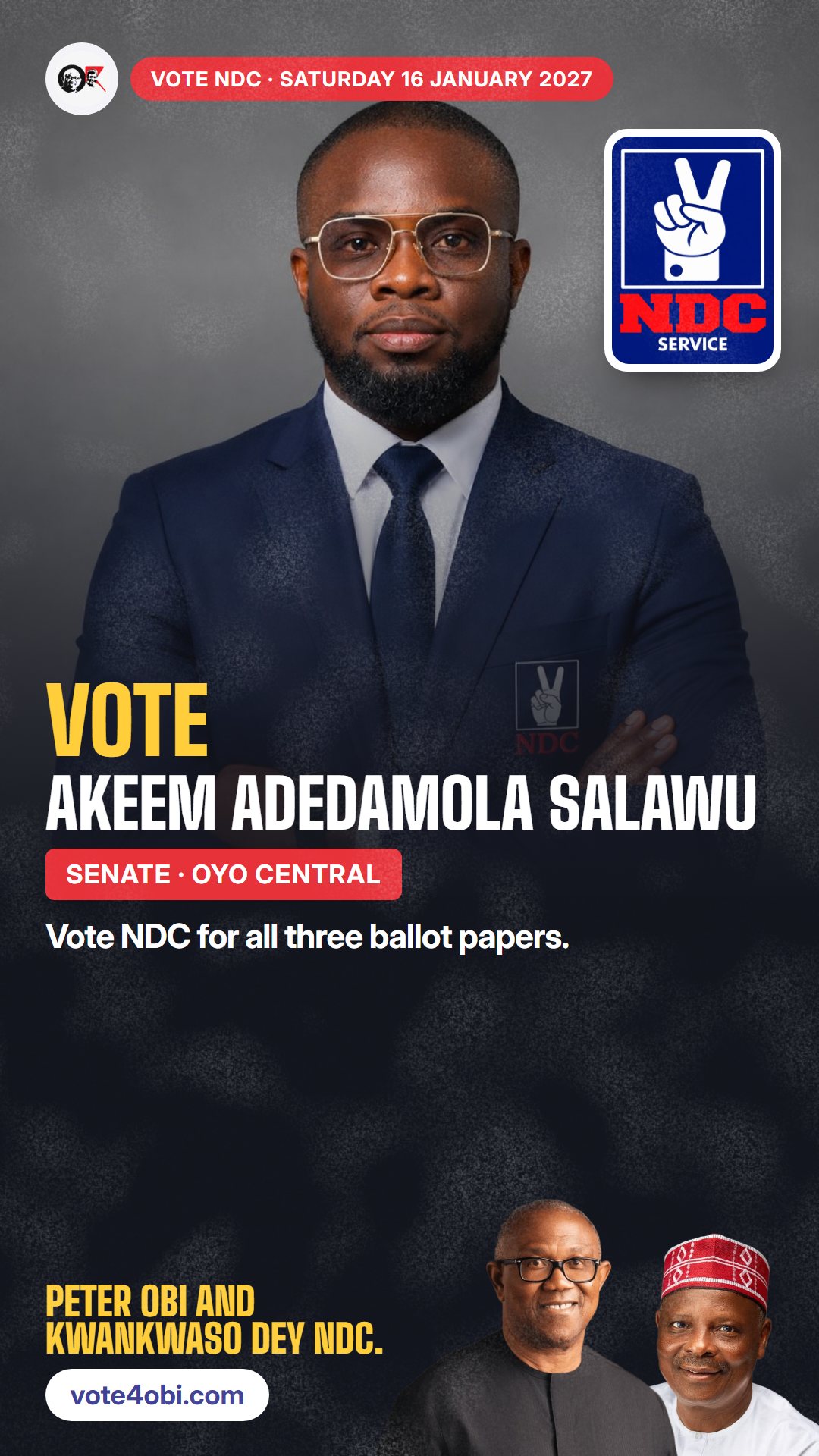 WhatsApp status picture: Akeem Adedamola Salawu, NDC candidate for Senate, Oyo Central