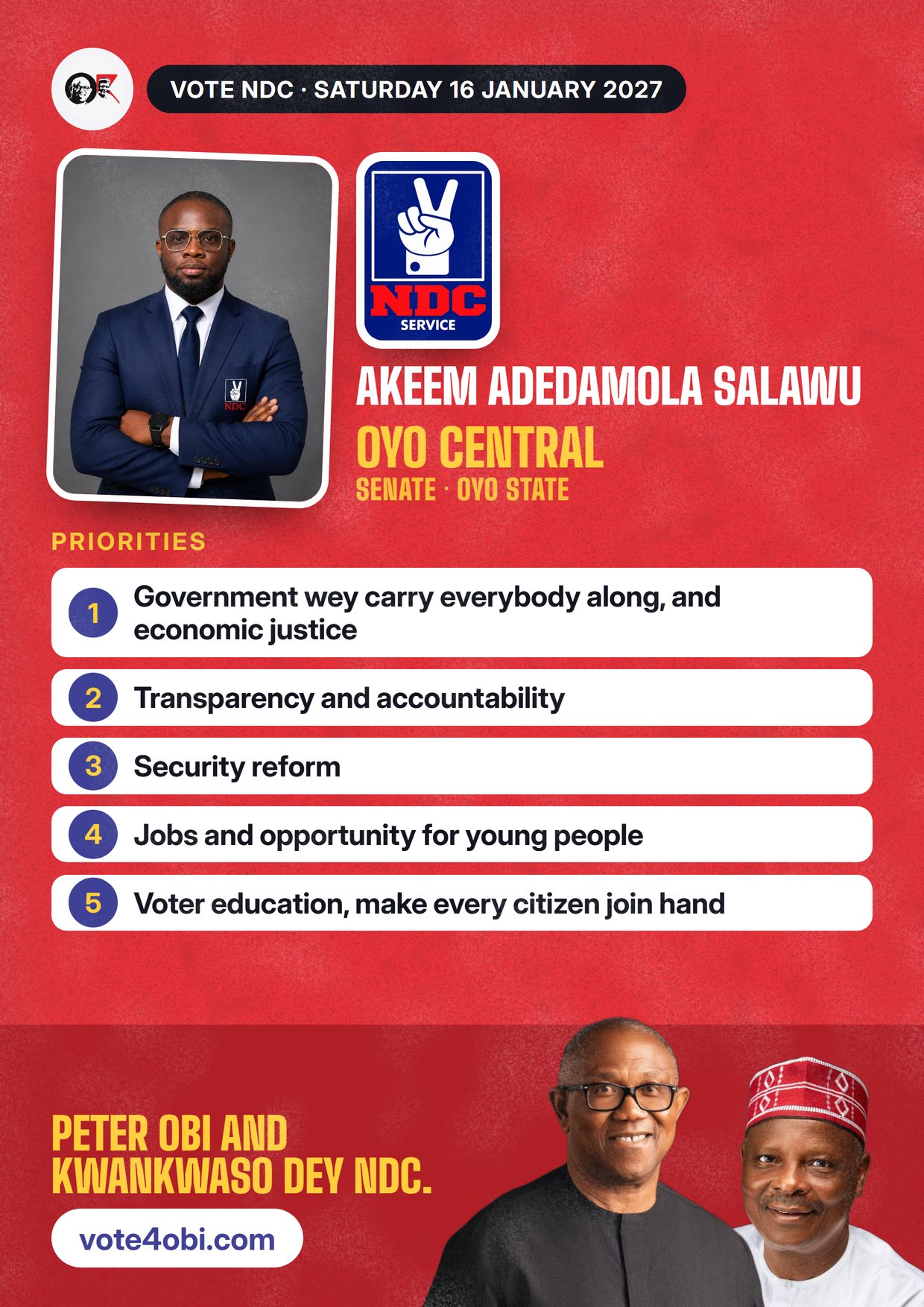 Poster: Akeem Adedamola Salawu, NDC candidate for Senate, Oyo Central