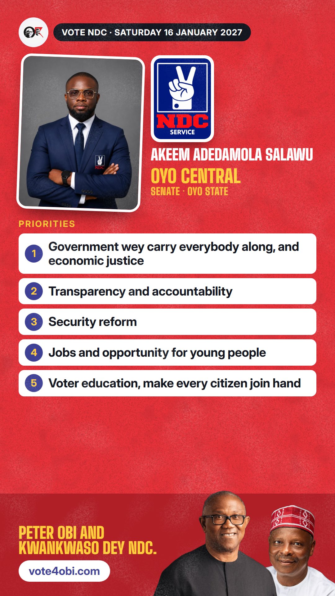 WhatsApp status picture: Akeem Adedamola Salawu, NDC candidate for Senate, Oyo Central