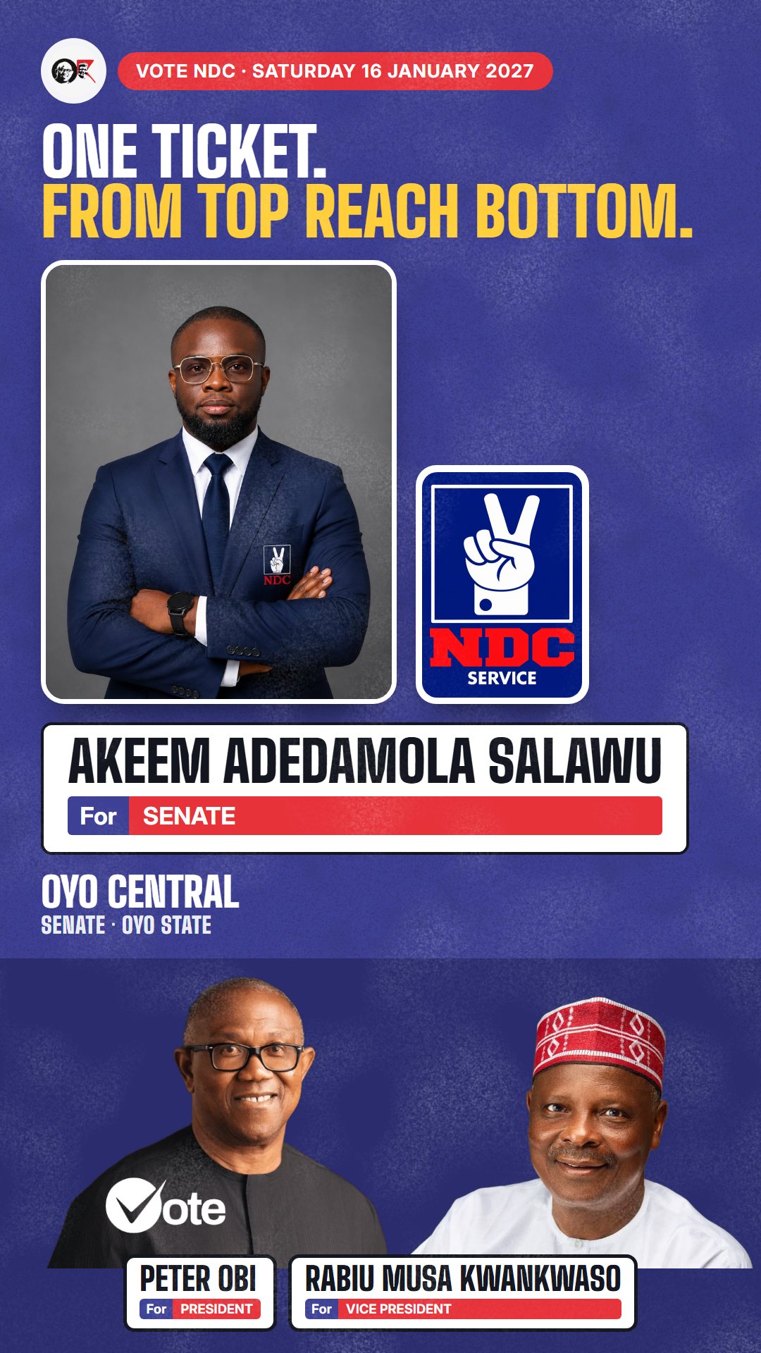 WhatsApp status picture: Akeem Adedamola Salawu, NDC candidate for Senate, Oyo Central