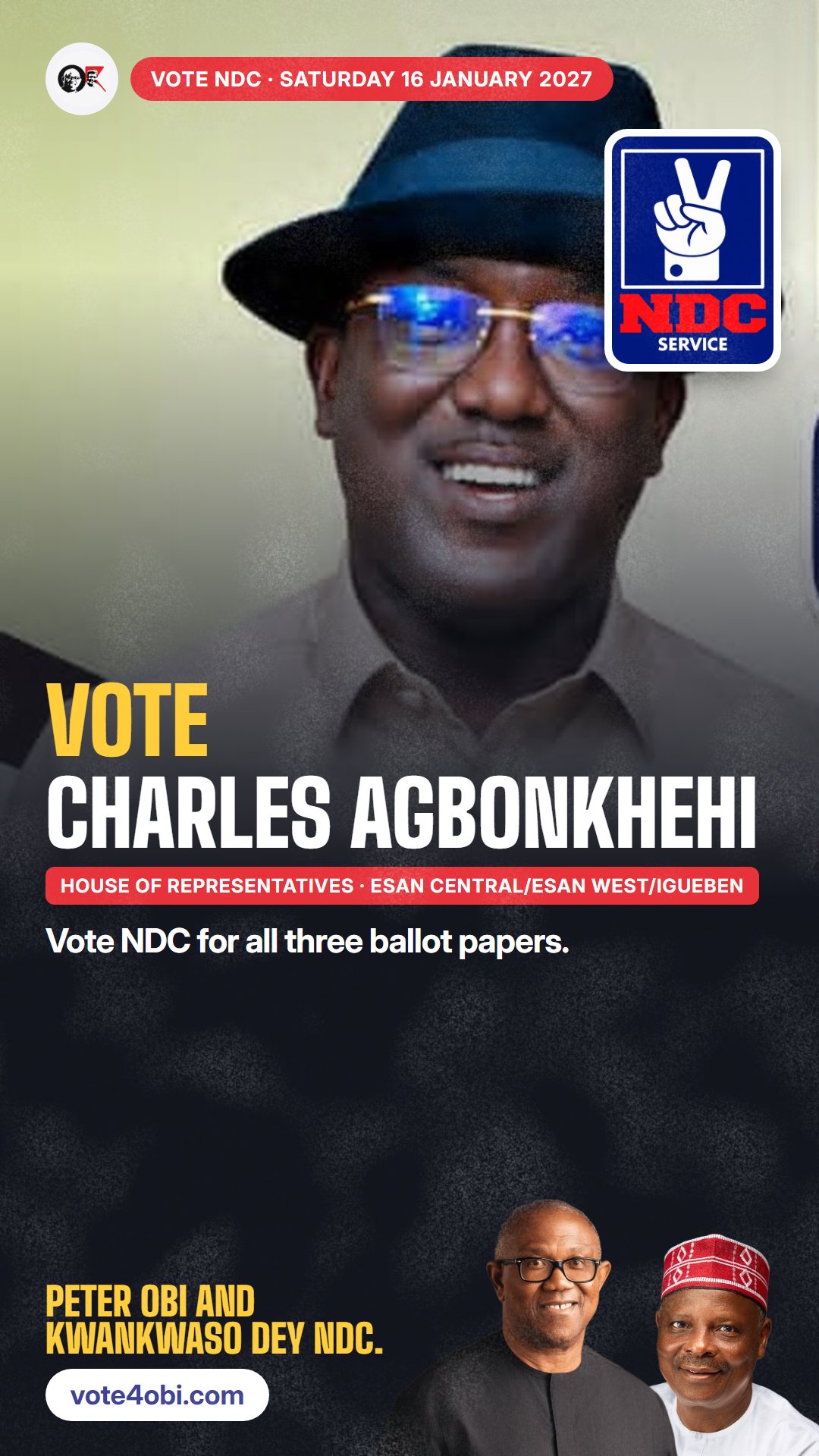 WhatsApp status picture: Charles Agbonkhehi, NDC candidate for House of Representatives, Esan Central/Esan West/Igueben
