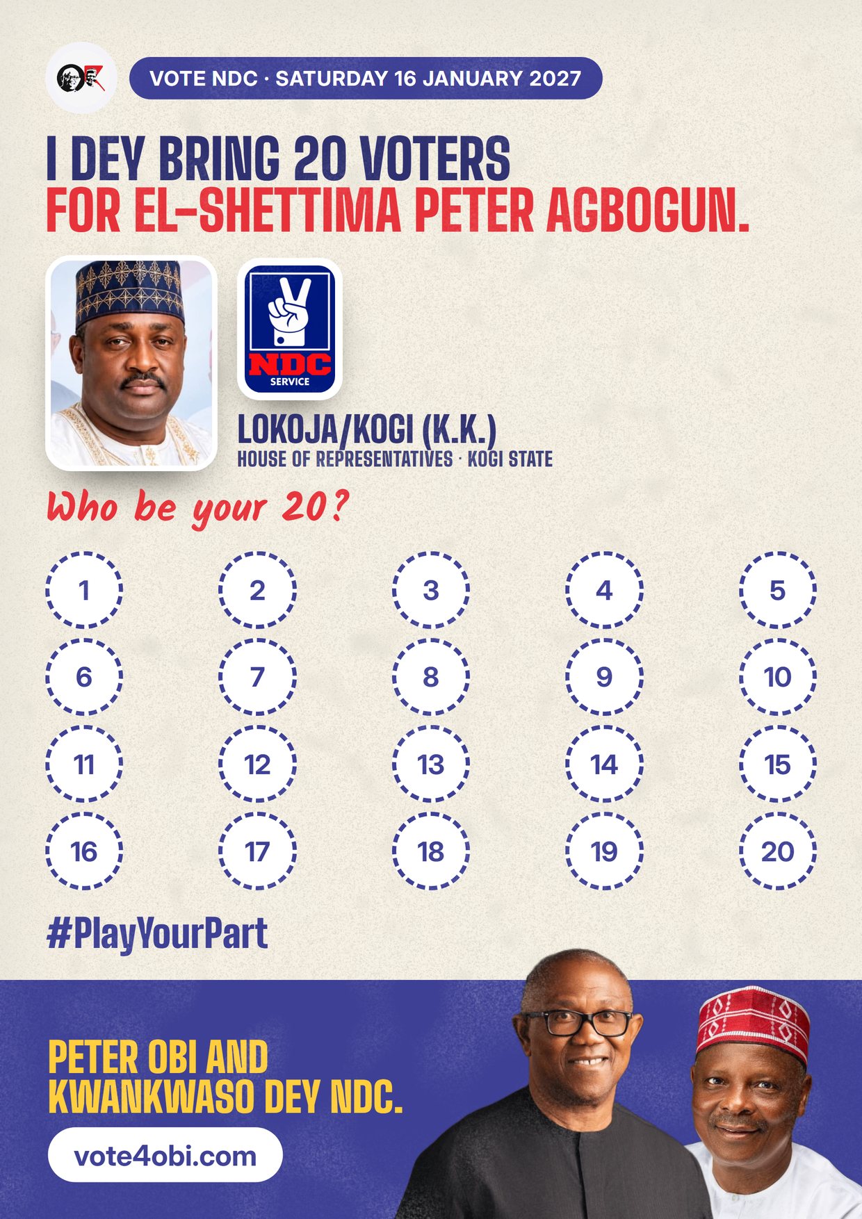 Poster: El-Shettima Peter Agbogun, NDC candidate for House of Representatives, Lokoja/Kogi (K.K.)
