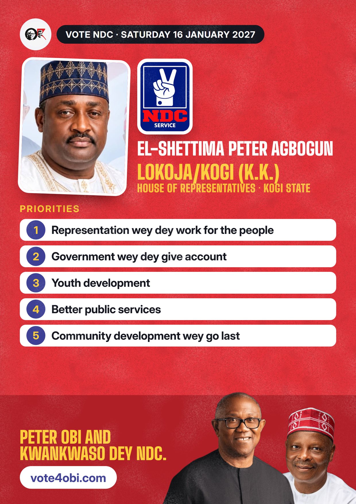 Poster: El-Shettima Peter Agbogun, NDC candidate for House of Representatives, Lokoja/Kogi (K.K.)