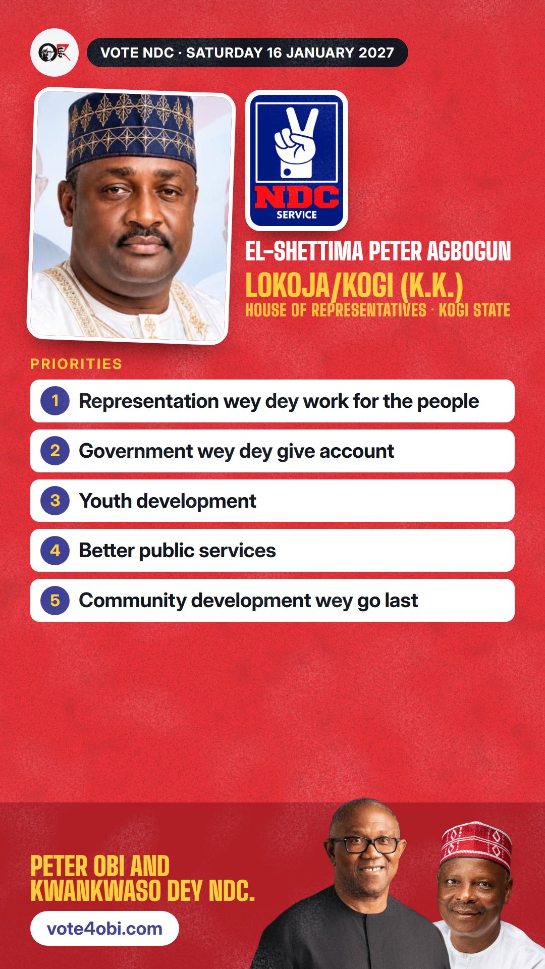 WhatsApp status picture: El-Shettima Peter Agbogun, NDC candidate for House of Representatives, Lokoja/Kogi (K.K.)
