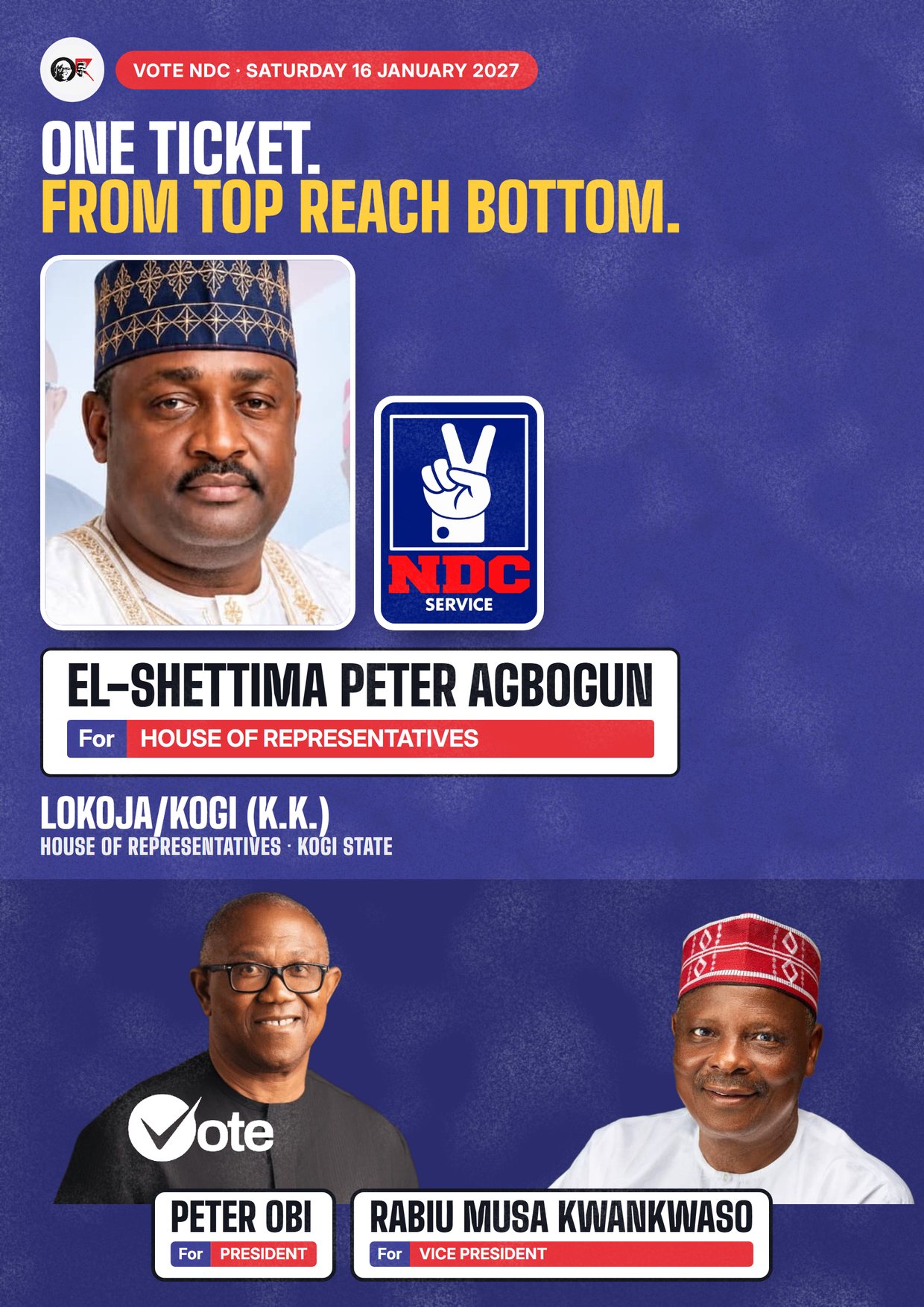Poster: El-Shettima Peter Agbogun, NDC candidate for House of Representatives, Lokoja/Kogi (K.K.)