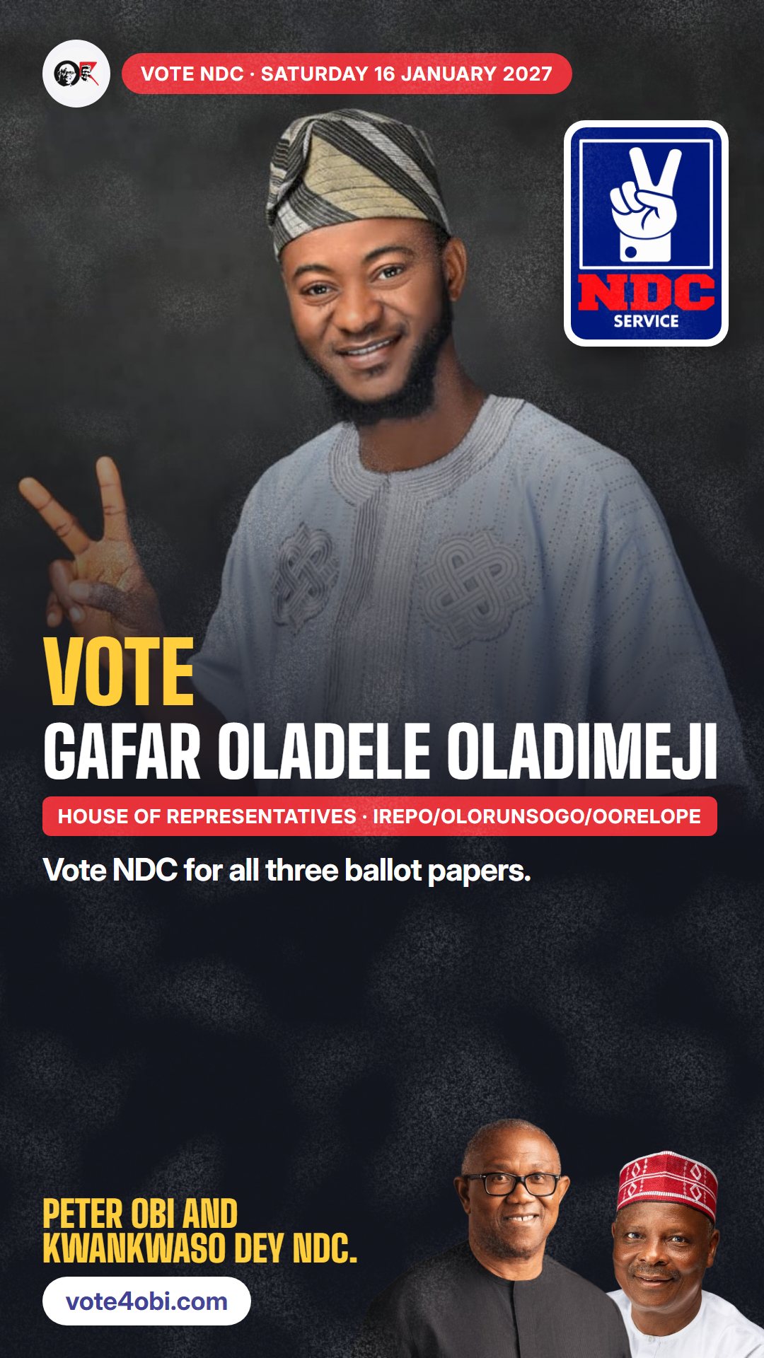WhatsApp status picture: Gafar Oladele Oladimeji, NDC candidate for House of Representatives, Irepo/Olorunsogo/Oorelope