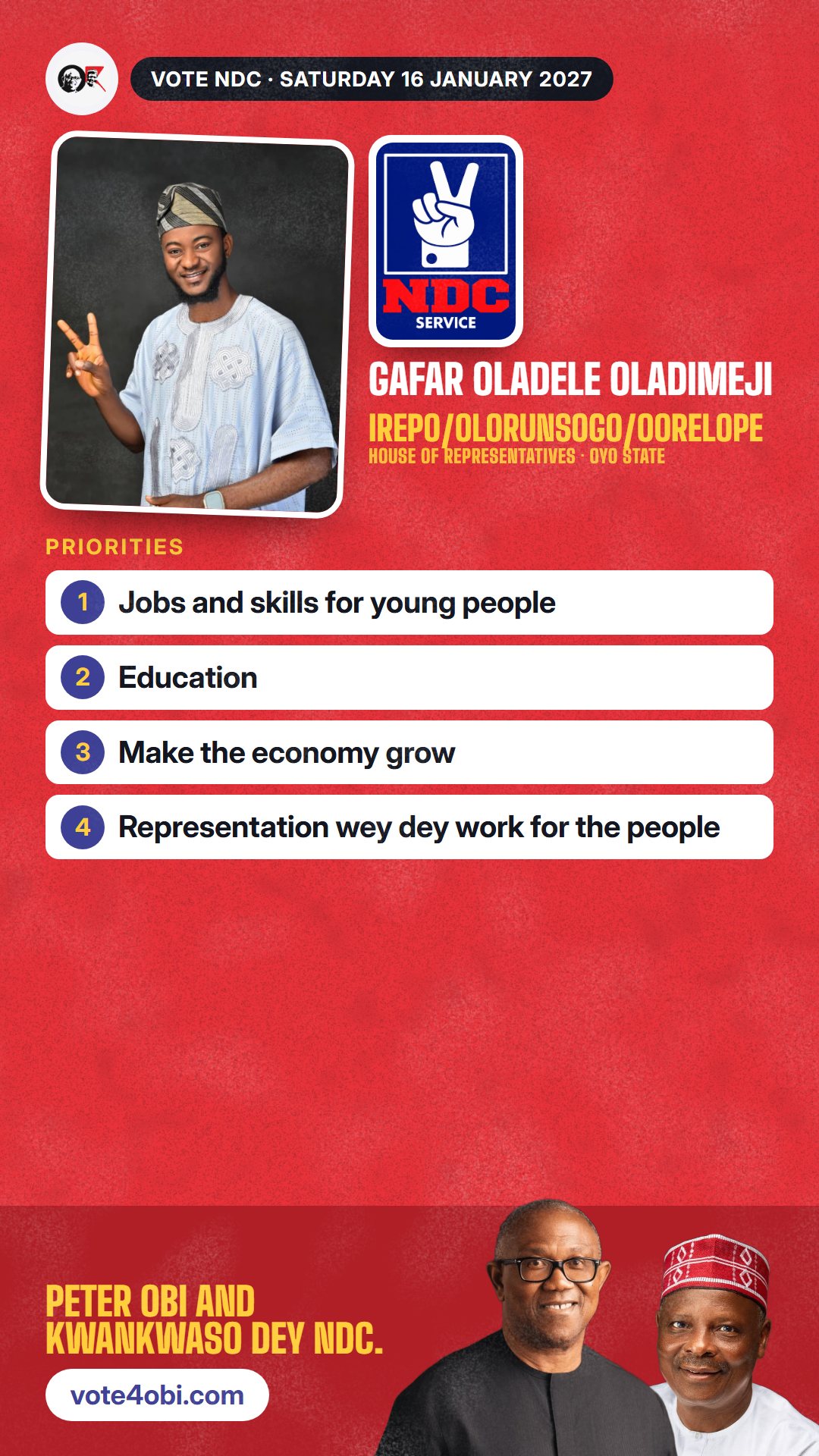 WhatsApp status picture: Gafar Oladele Oladimeji, NDC candidate for House of Representatives, Irepo/Olorunsogo/Oorelope
