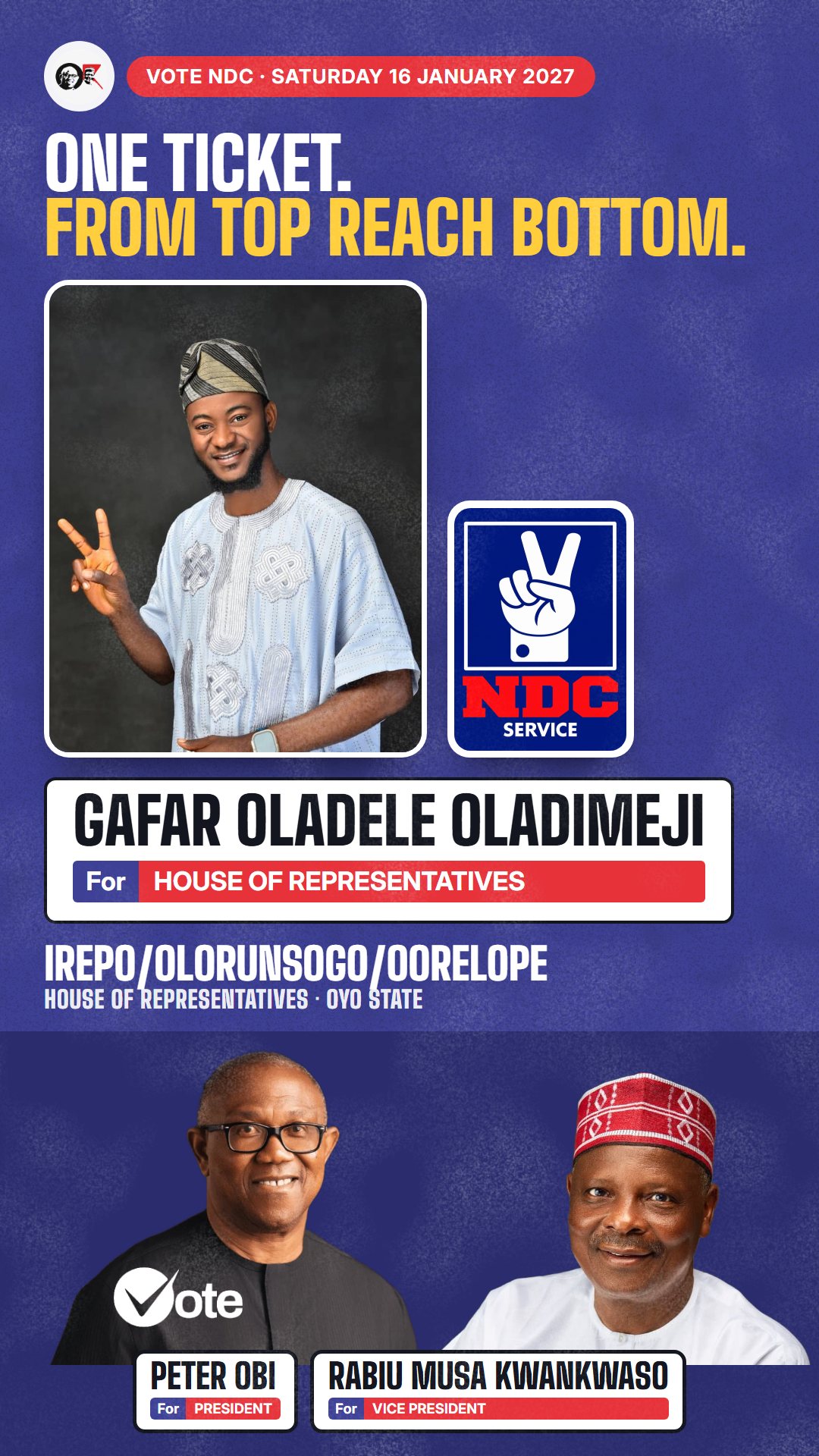 WhatsApp status picture: Gafar Oladele Oladimeji, NDC candidate for House of Representatives, Irepo/Olorunsogo/Oorelope