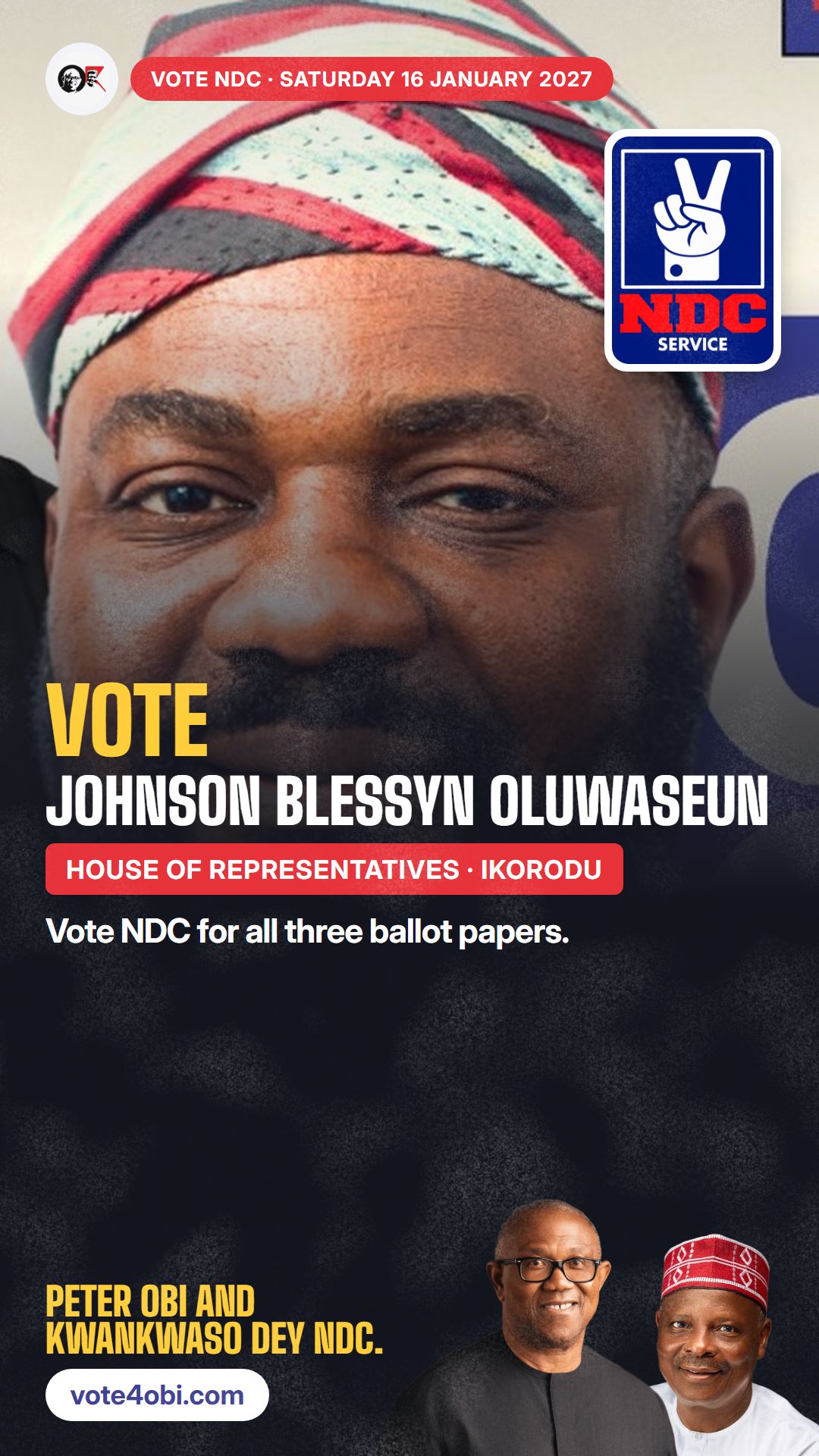WhatsApp status picture: Johnson Blessyn Oluwaseun, NDC candidate for House of Representatives, Ikorodu