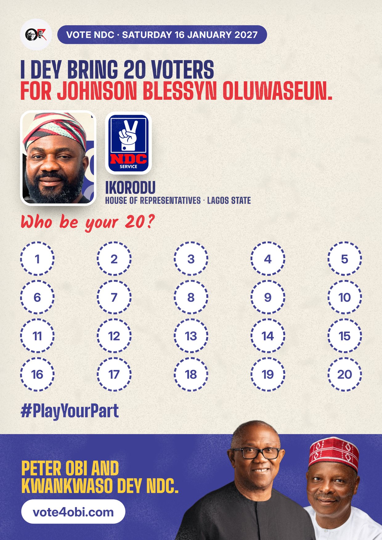 Poster: Johnson Blessyn Oluwaseun, NDC candidate for House of Representatives, Ikorodu