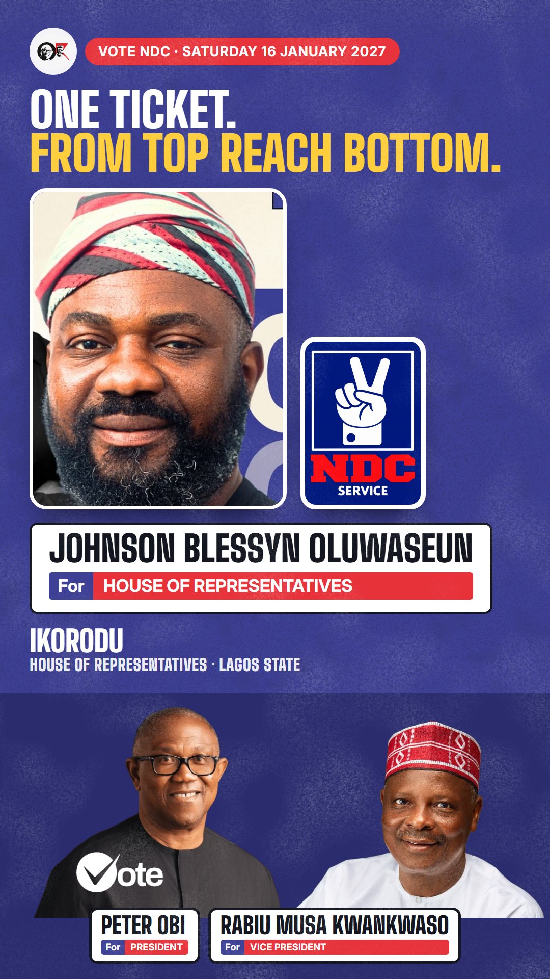WhatsApp status picture: Johnson Blessyn Oluwaseun, NDC candidate for House of Representatives, Ikorodu