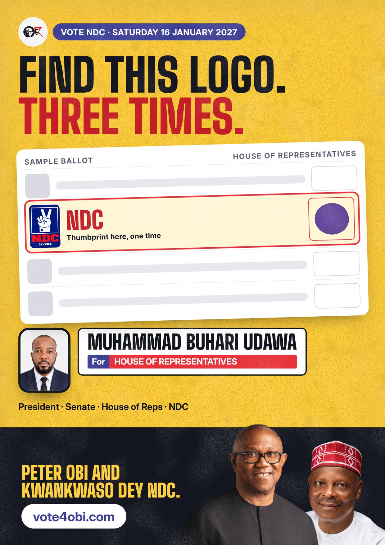Poster: Muhammad Buhari Udawa, NDC candidate for House of Representatives, Chikun/Kajuru