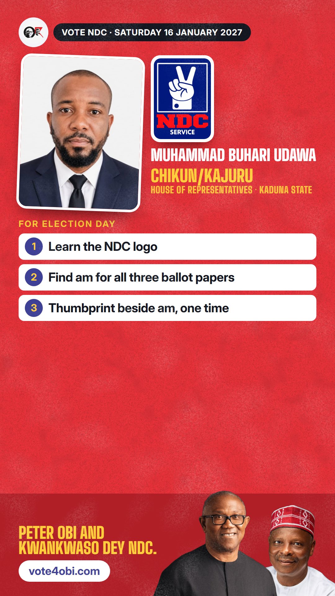 WhatsApp status picture: Muhammad Buhari Udawa, NDC candidate for House of Representatives, Chikun/Kajuru
