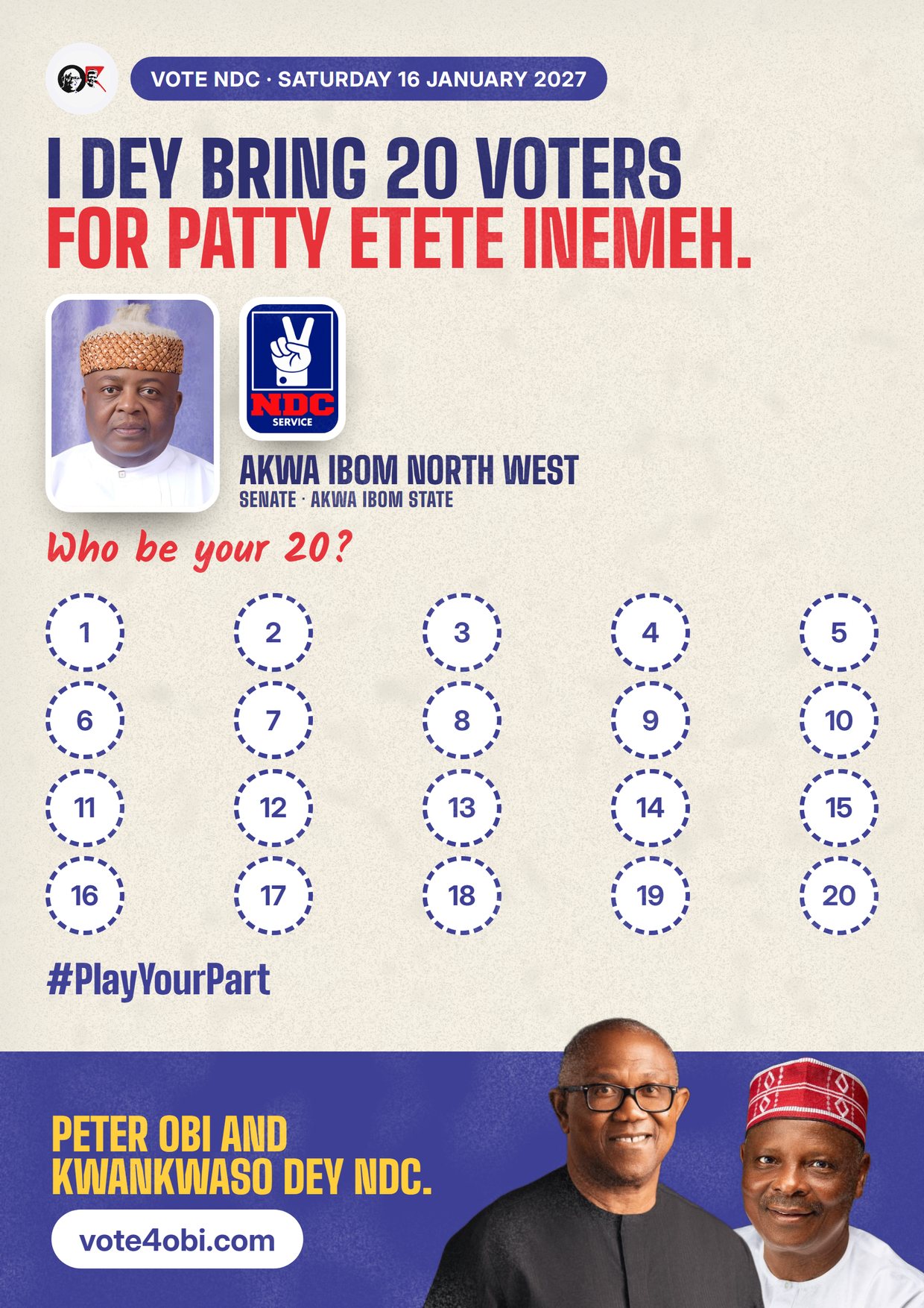 Poster: Patty Etete Inemeh, NDC candidate for Senate, Akwa Ibom North West