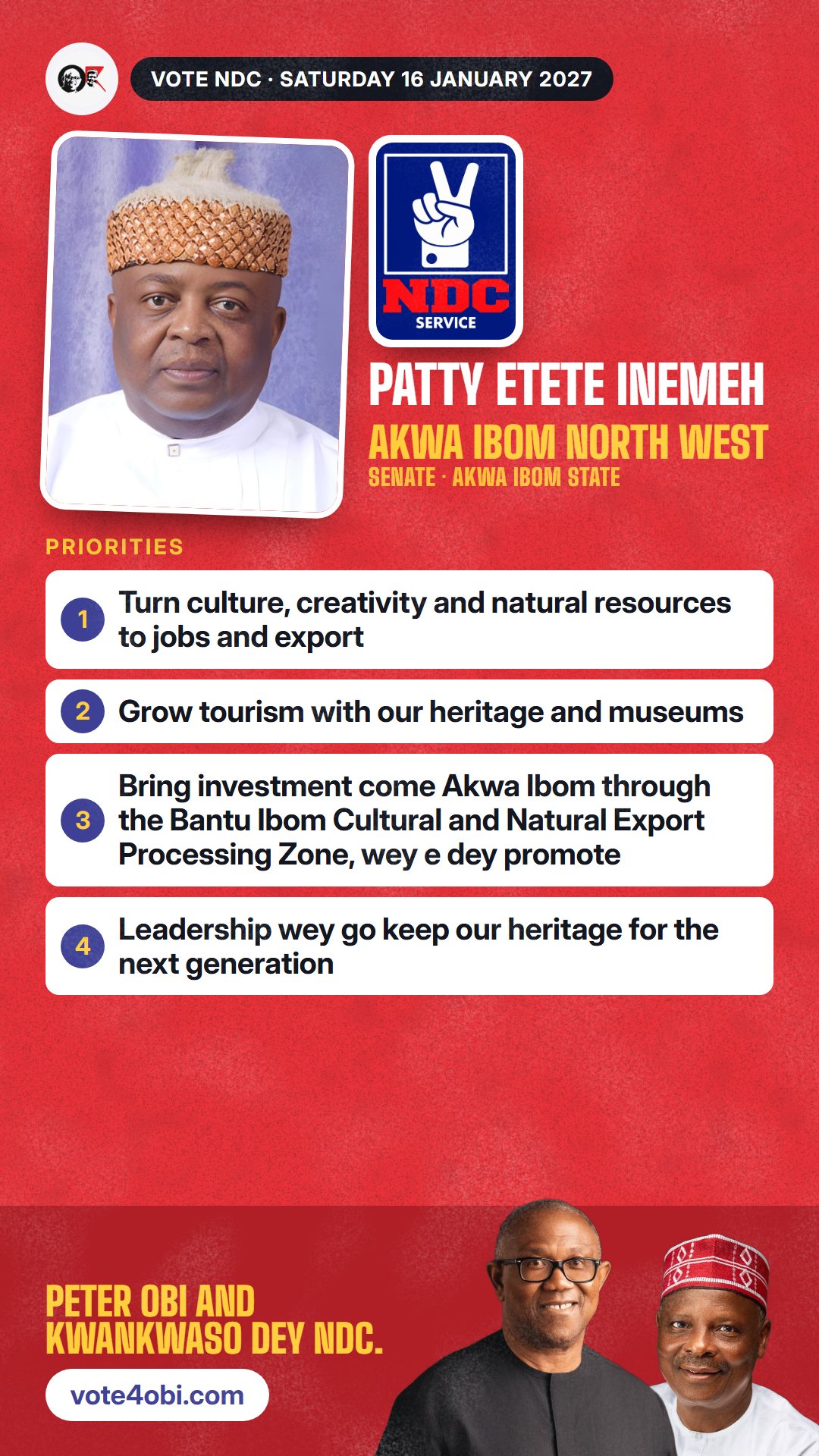 WhatsApp status picture: Patty Etete Inemeh, NDC candidate for Senate, Akwa Ibom North West