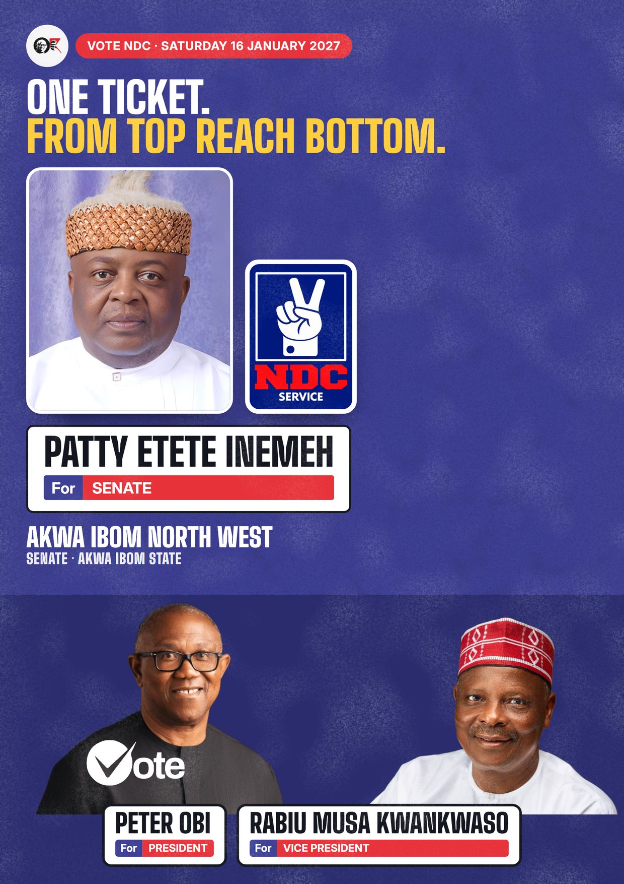 Poster: Patty Etete Inemeh, NDC candidate for Senate, Akwa Ibom North West