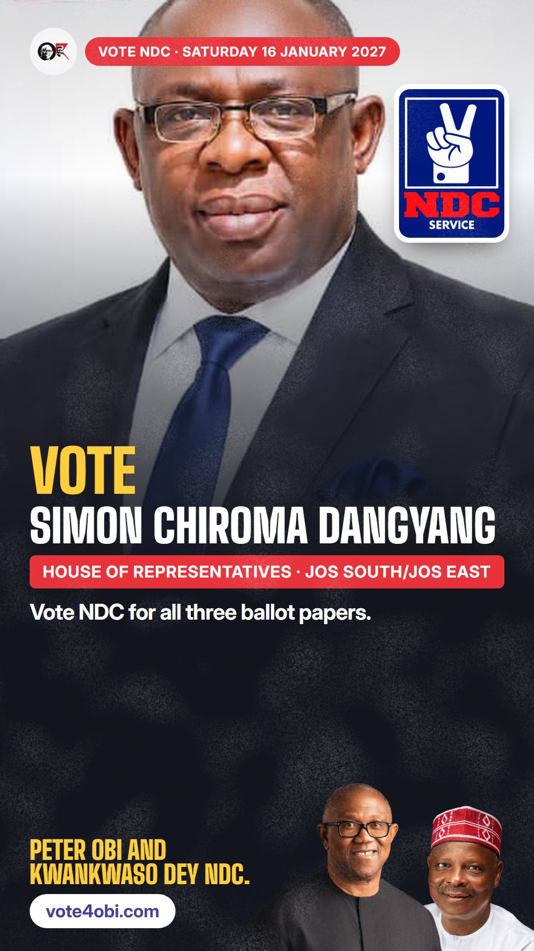 WhatsApp status picture: Simon Chiroma Dangyang, NDC candidate for House of Representatives, Jos South/Jos East