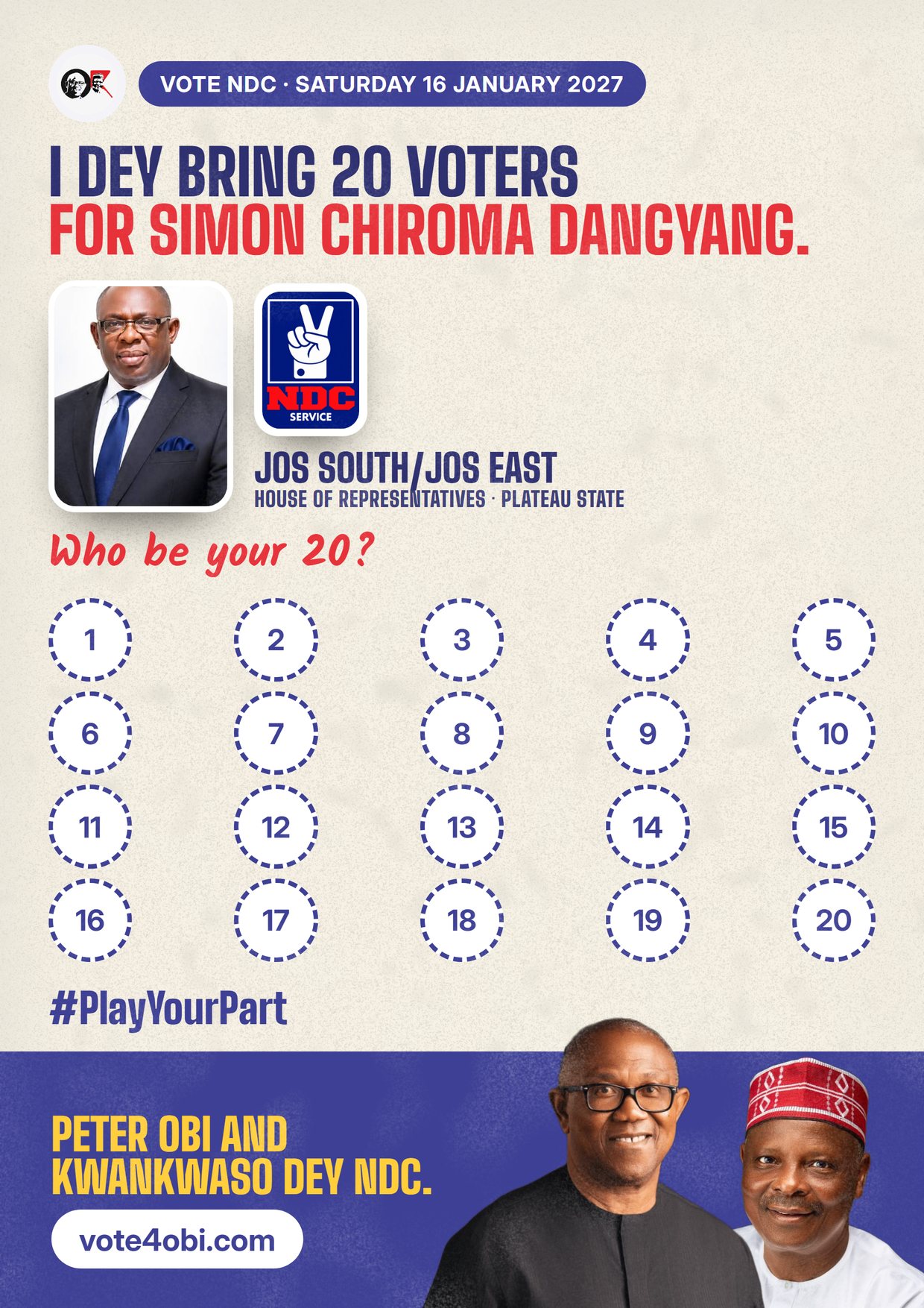 Poster: Simon Chiroma Dangyang, NDC candidate for House of Representatives, Jos South/Jos East