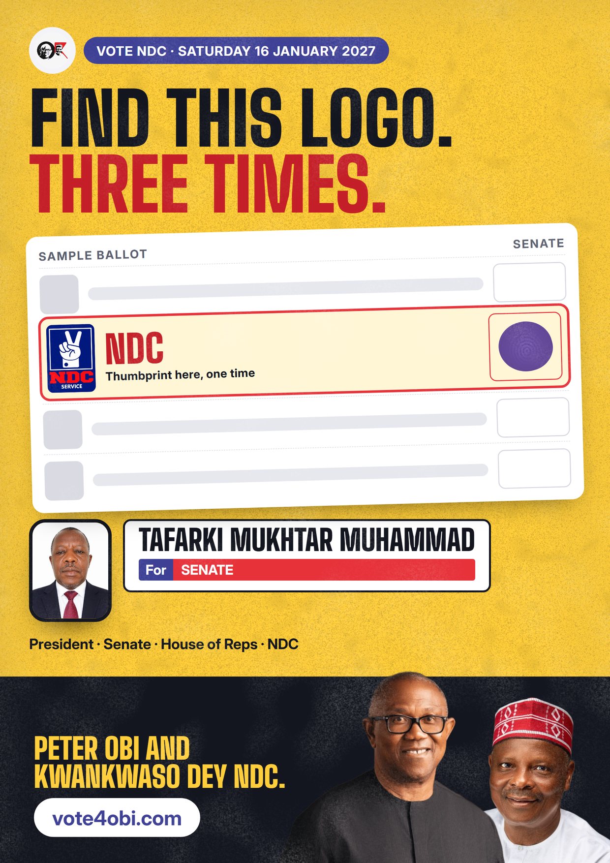 Poster: Tafarki Mukhtar Muhammad, NDC candidate for Senate, Kebbi North