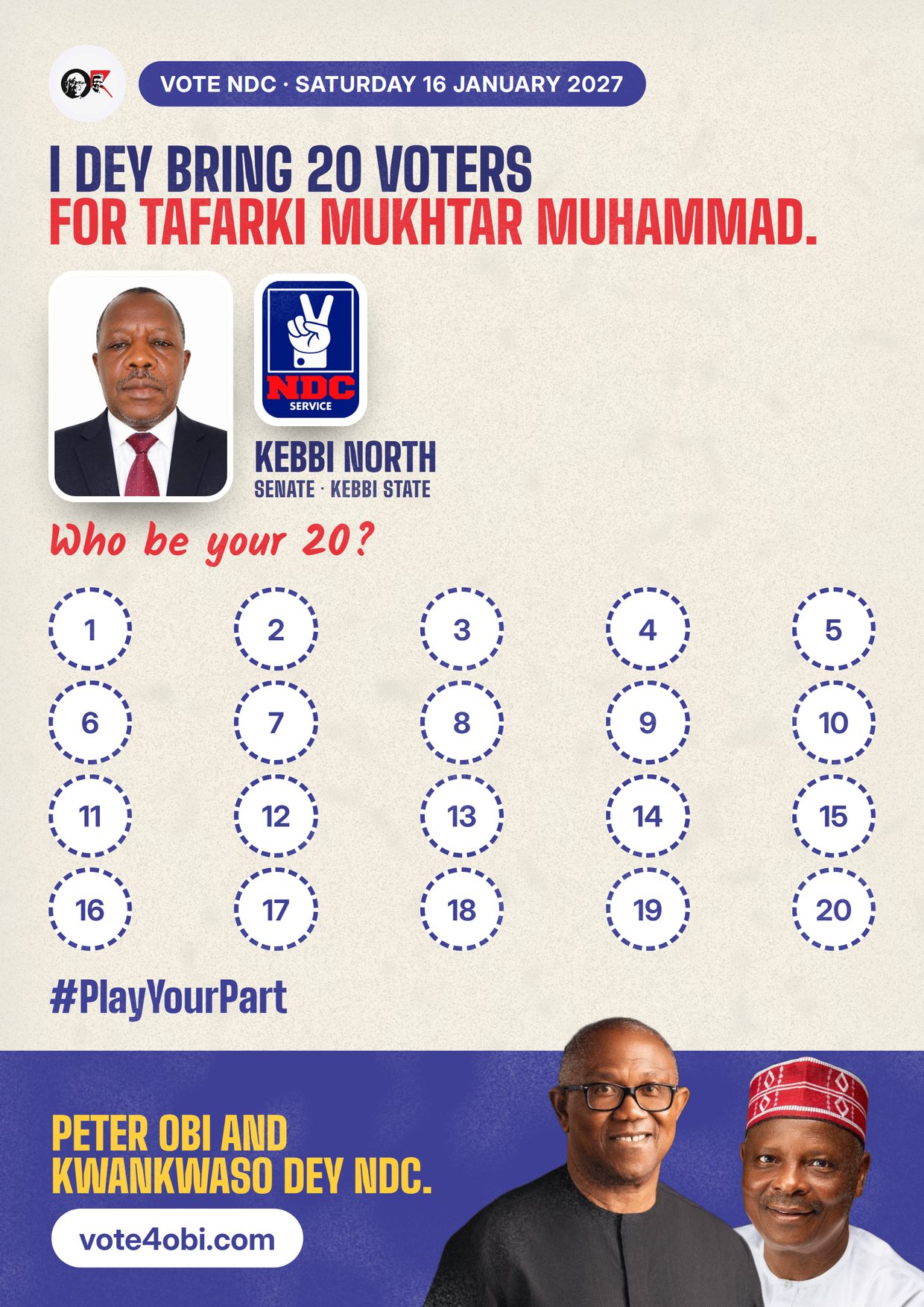 Poster: Tafarki Mukhtar Muhammad, NDC candidate for Senate, Kebbi North