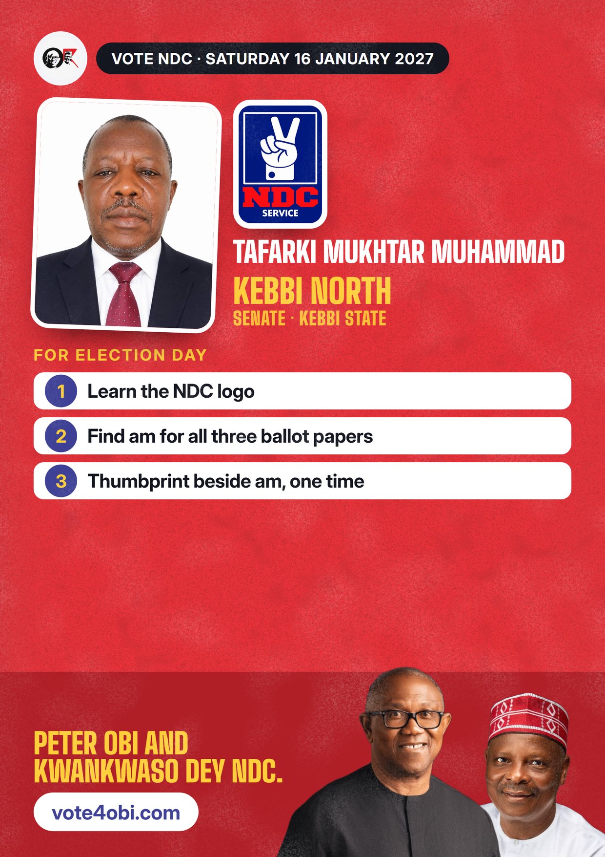 Poster: Tafarki Mukhtar Muhammad, NDC candidate for Senate, Kebbi North
