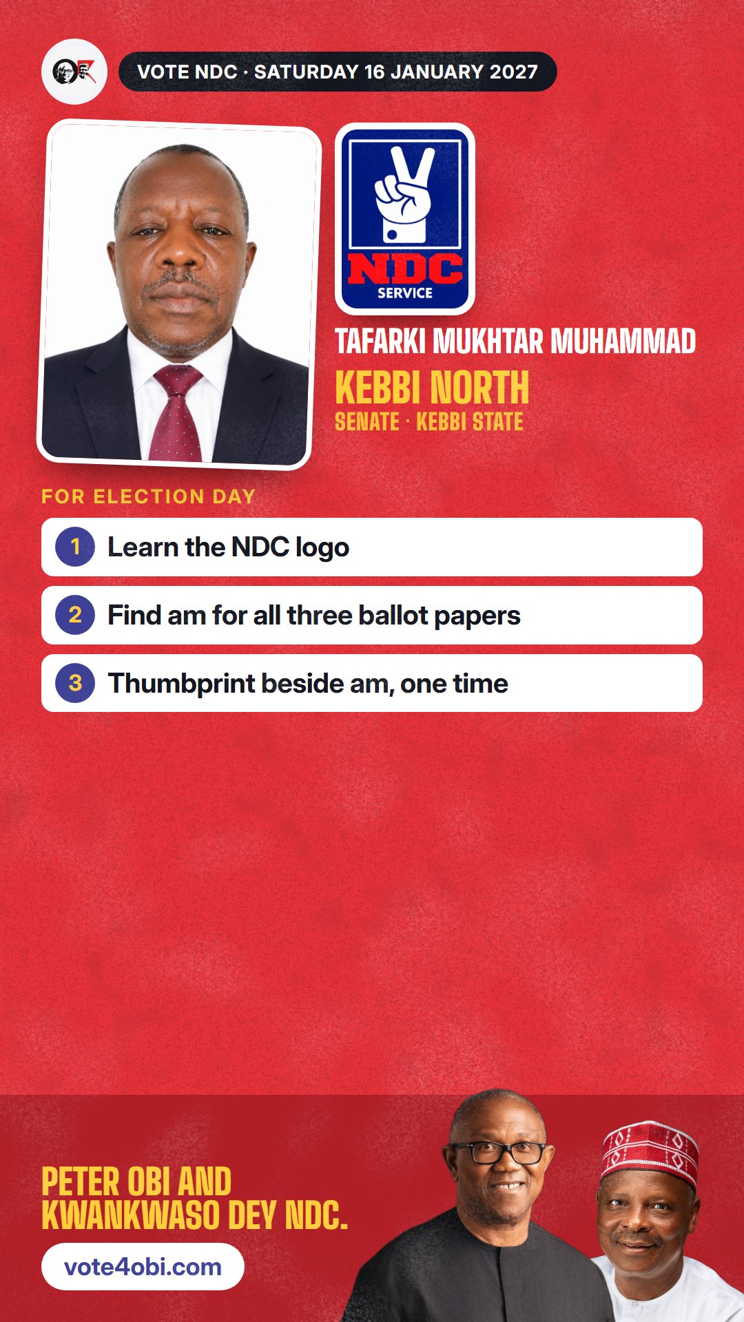 WhatsApp status picture: Tafarki Mukhtar Muhammad, NDC candidate for Senate, Kebbi North