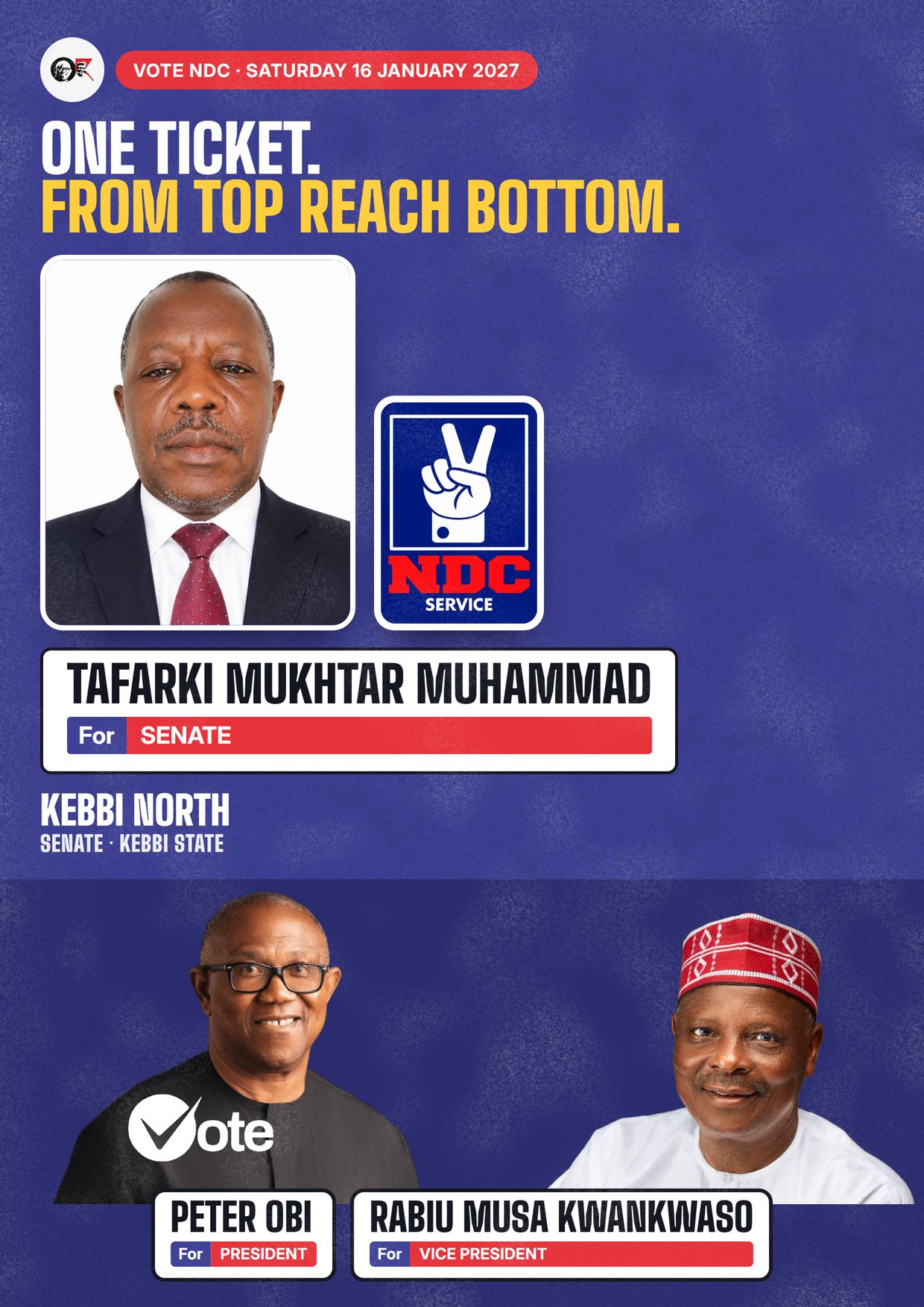 Poster: Tafarki Mukhtar Muhammad, NDC candidate for Senate, Kebbi North