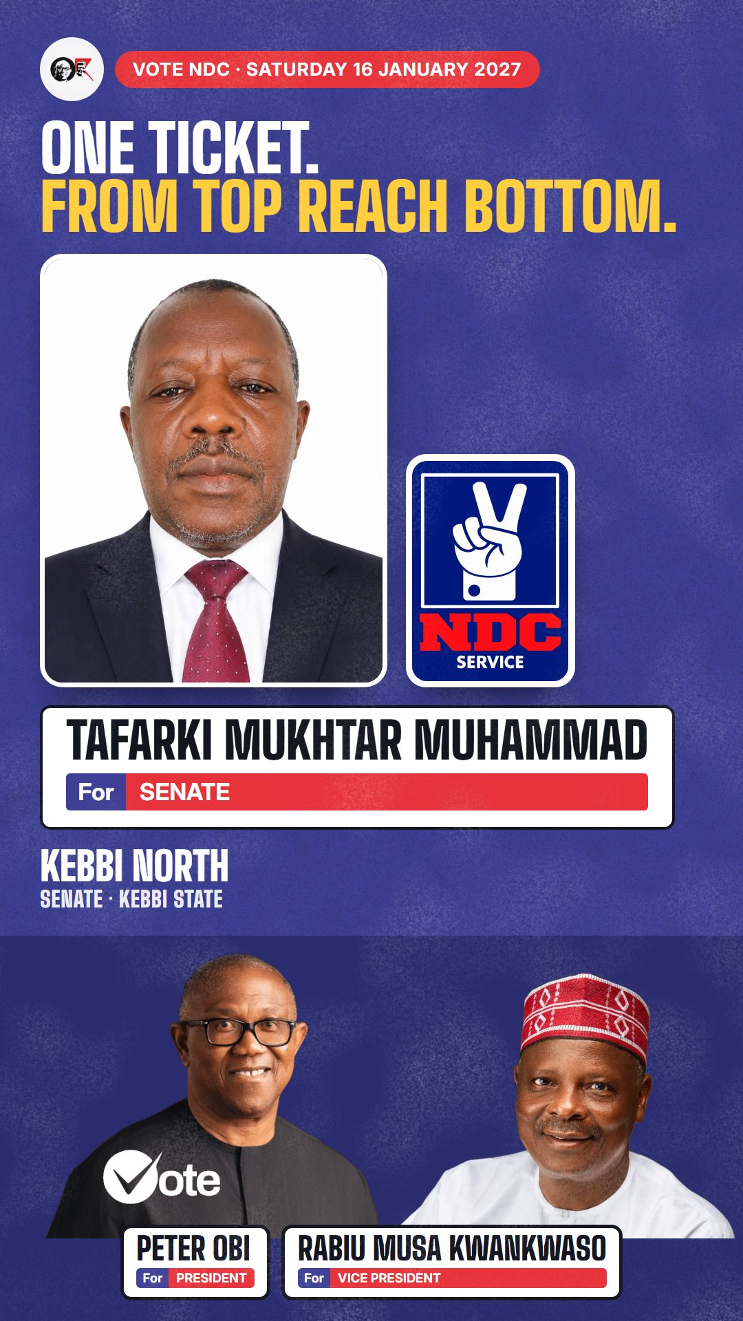 WhatsApp status picture: Tafarki Mukhtar Muhammad, NDC candidate for Senate, Kebbi North