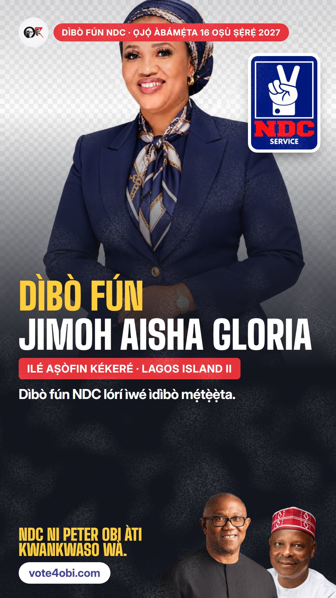 Àwòrán WhatsApp status: Jimoh Aisha Gloria, olùdíje NDC fún Ilé Aṣòfin Kékeré, Lagos Island II