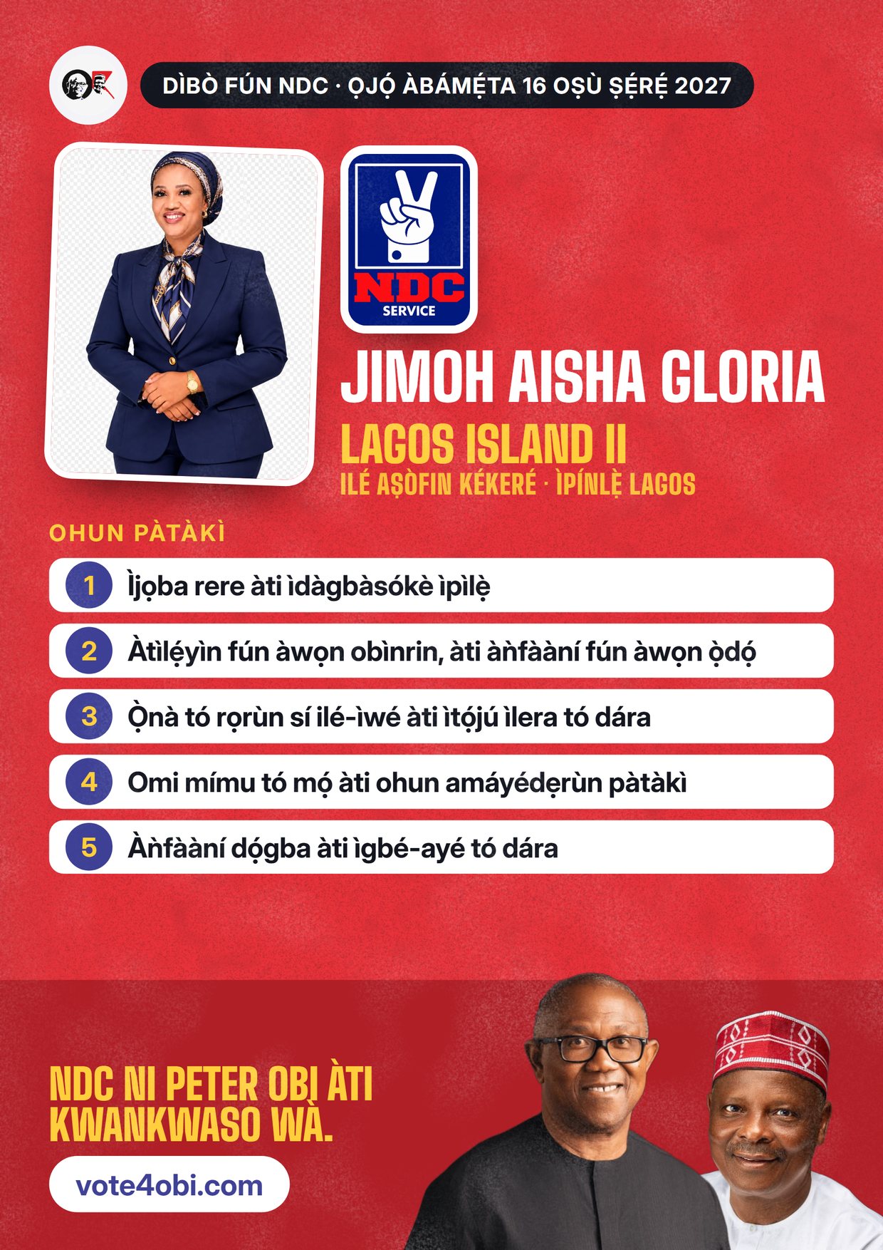 Pósítà: Jimoh Aisha Gloria, olùdíje NDC fún Ilé Aṣòfin Kékeré, Lagos Island II