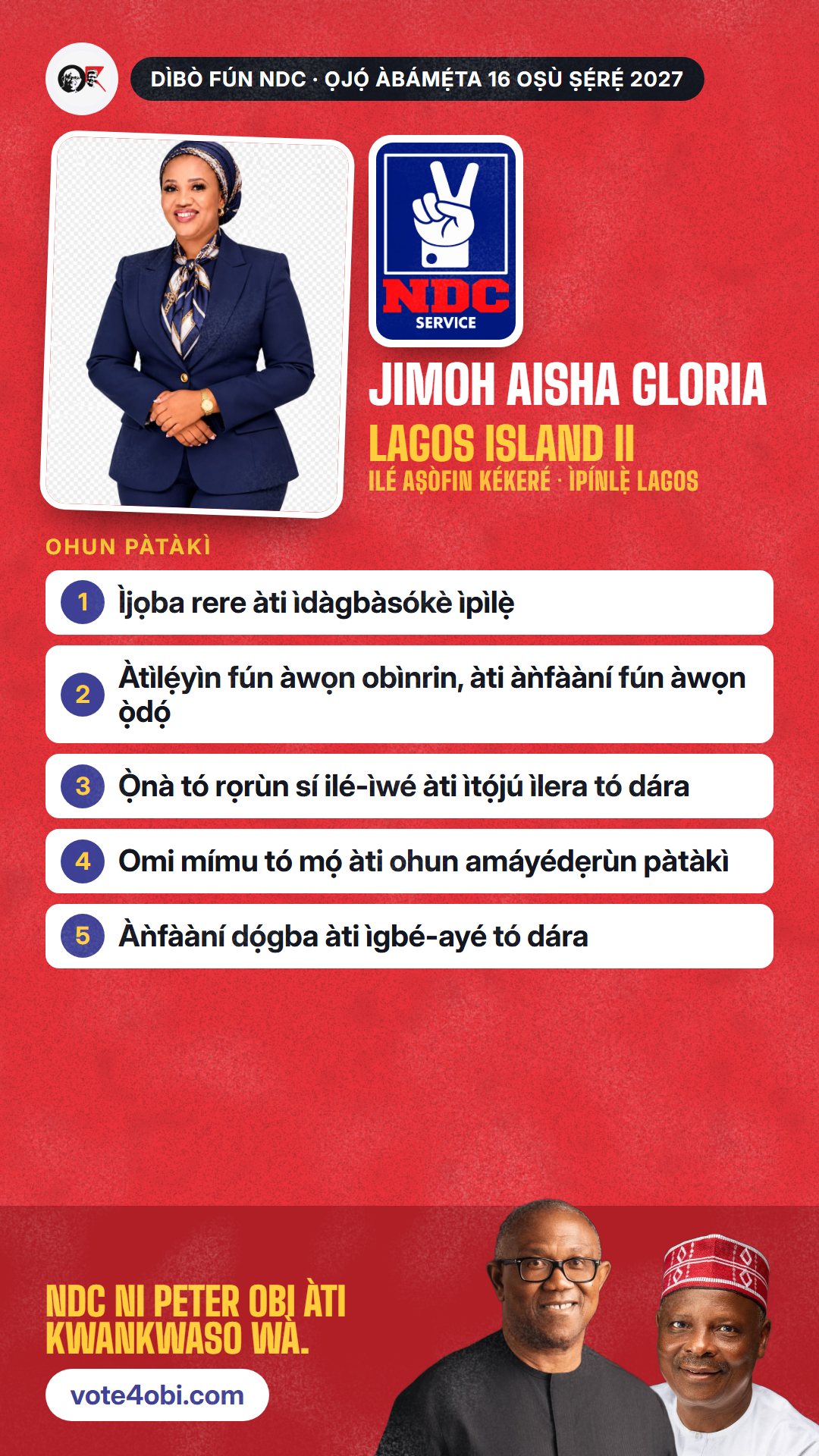 Àwòrán WhatsApp status: Jimoh Aisha Gloria, olùdíje NDC fún Ilé Aṣòfin Kékeré, Lagos Island II