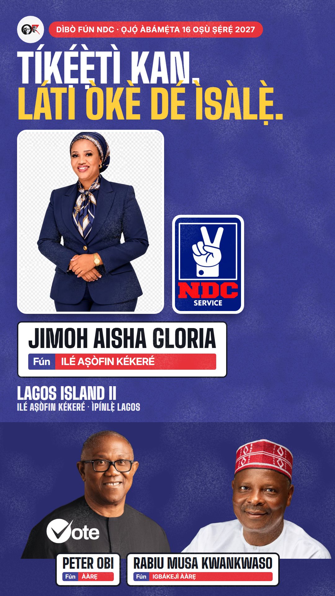 Àwòrán WhatsApp status: Jimoh Aisha Gloria, olùdíje NDC fún Ilé Aṣòfin Kékeré, Lagos Island II