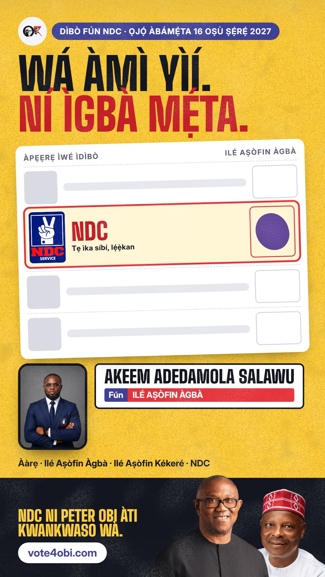 Àwòrán WhatsApp status: Akeem Adedamola Salawu, olùdíje NDC fún Ilé Aṣòfin Àgbà, Oyo Central