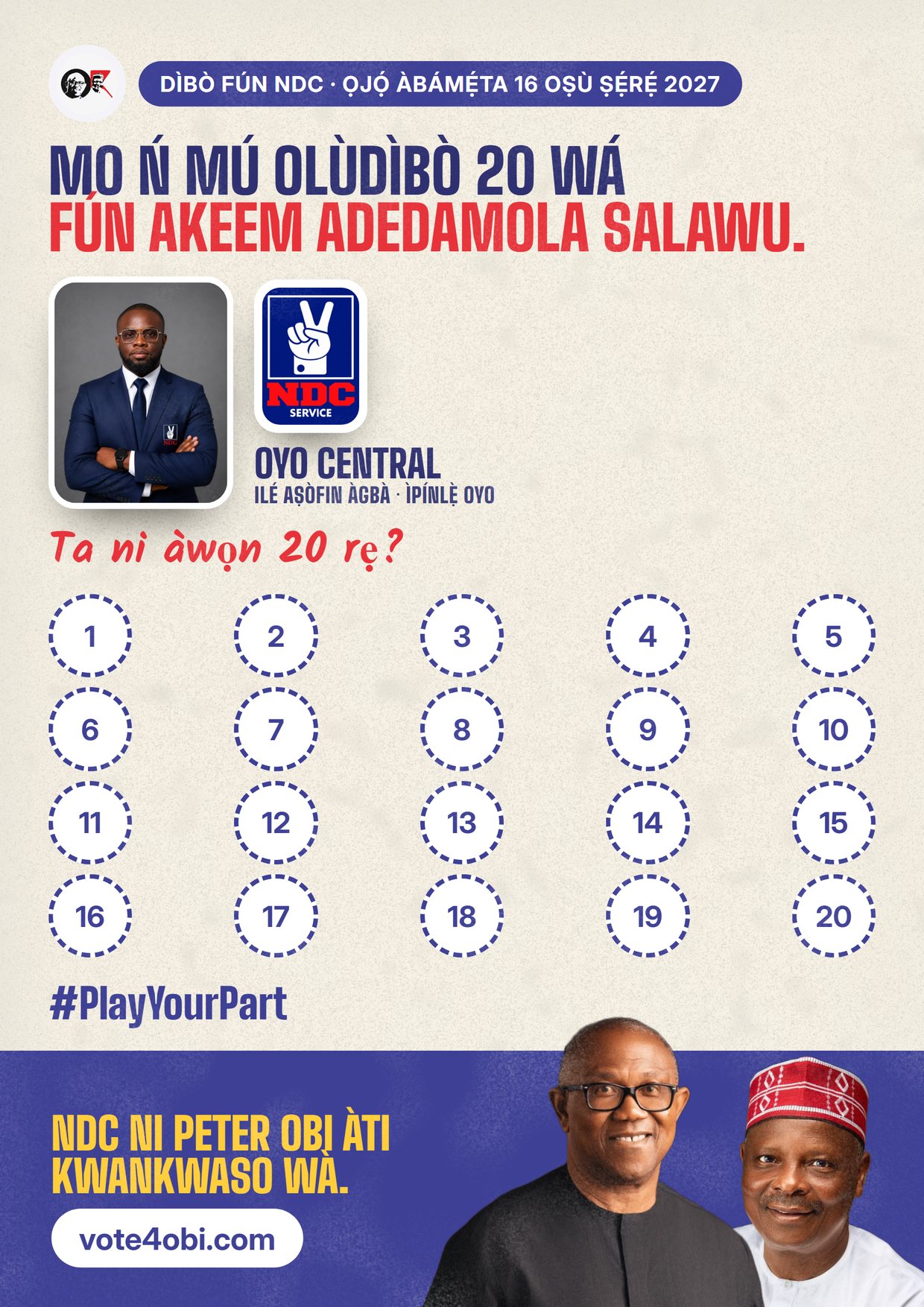 Pósítà: Akeem Adedamola Salawu, olùdíje NDC fún Ilé Aṣòfin Àgbà, Oyo Central