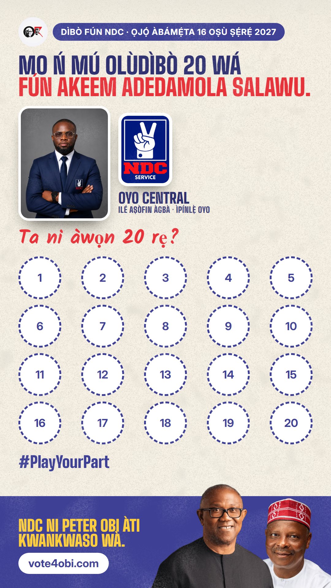 Àwòrán WhatsApp status: Akeem Adedamola Salawu, olùdíje NDC fún Ilé Aṣòfin Àgbà, Oyo Central