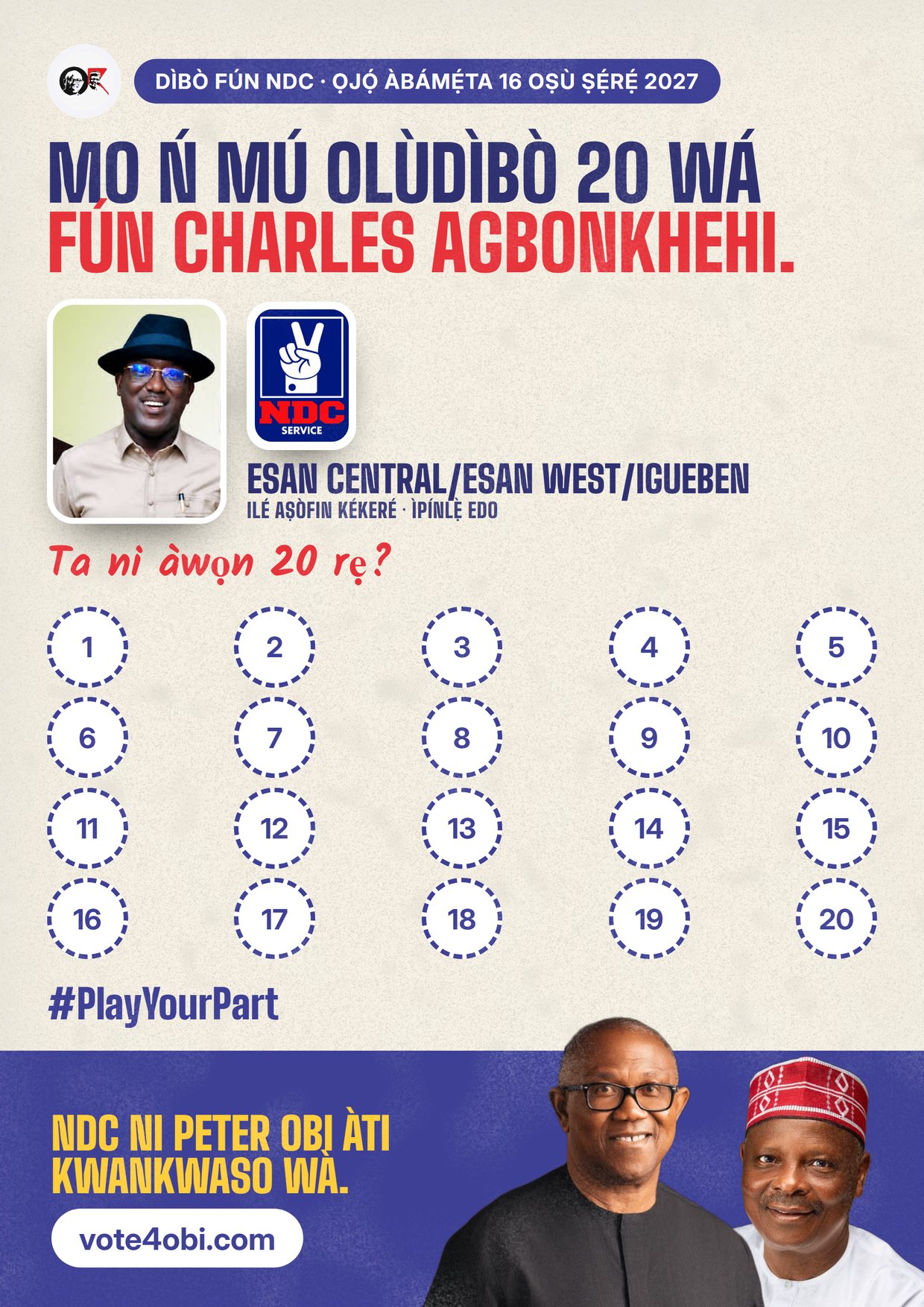 Pósítà: Charles Agbonkhehi, olùdíje NDC fún Ilé Aṣòfin Kékeré, Esan Central/Esan West/Igueben